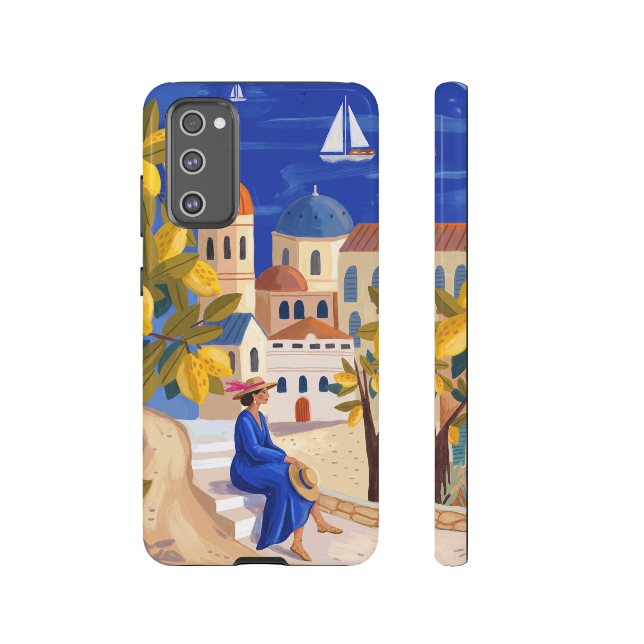 Mediterranean Village Samsung Galaxy Phone Case | Scenic Sailboat & Lemon Grove Design