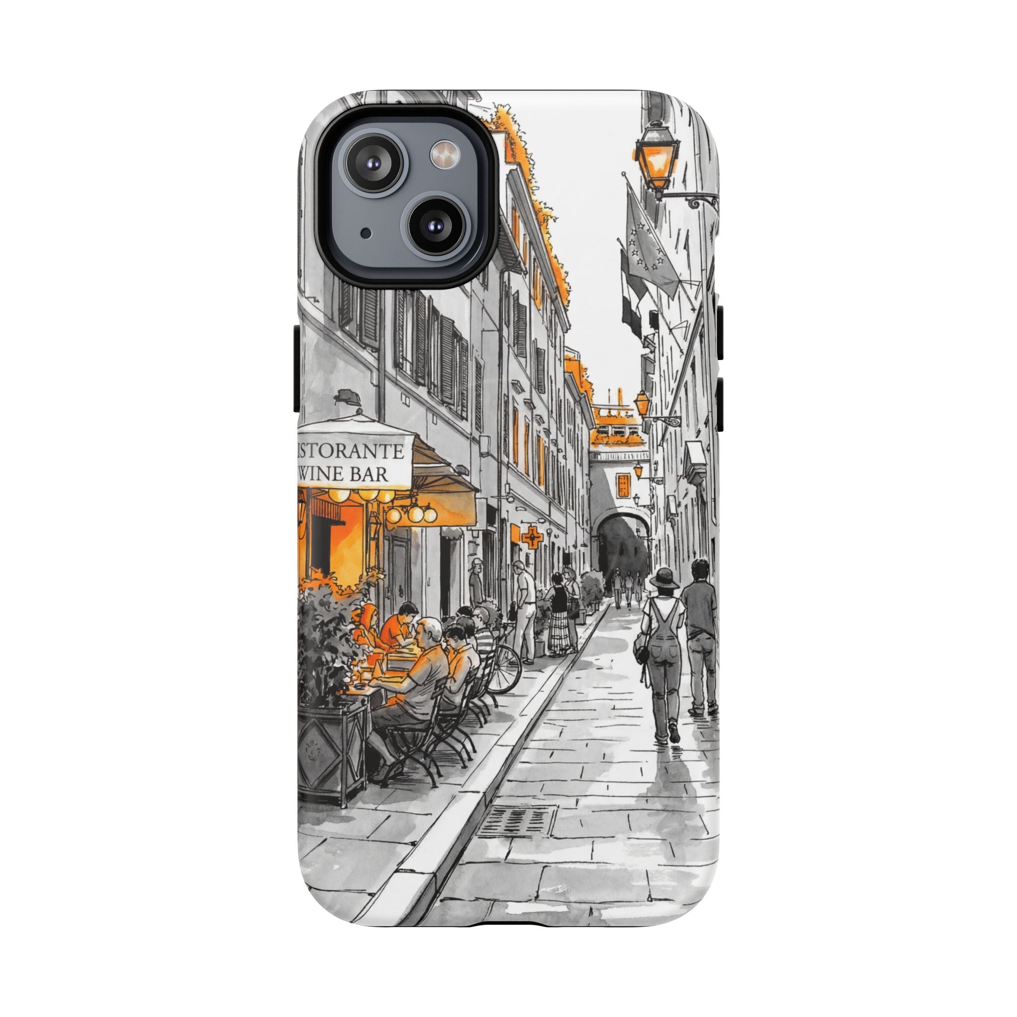Custodia per iPhone con scena di strada in Italia | Custodia MagSafe resistente con dettagli arancioni