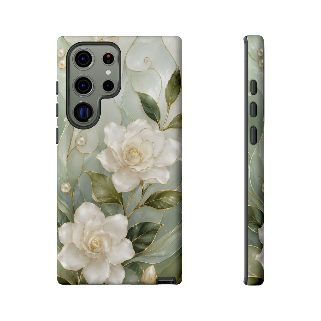 White Floral Samsung Galaxy Phone Case | Sage Green Botanical Phone Case