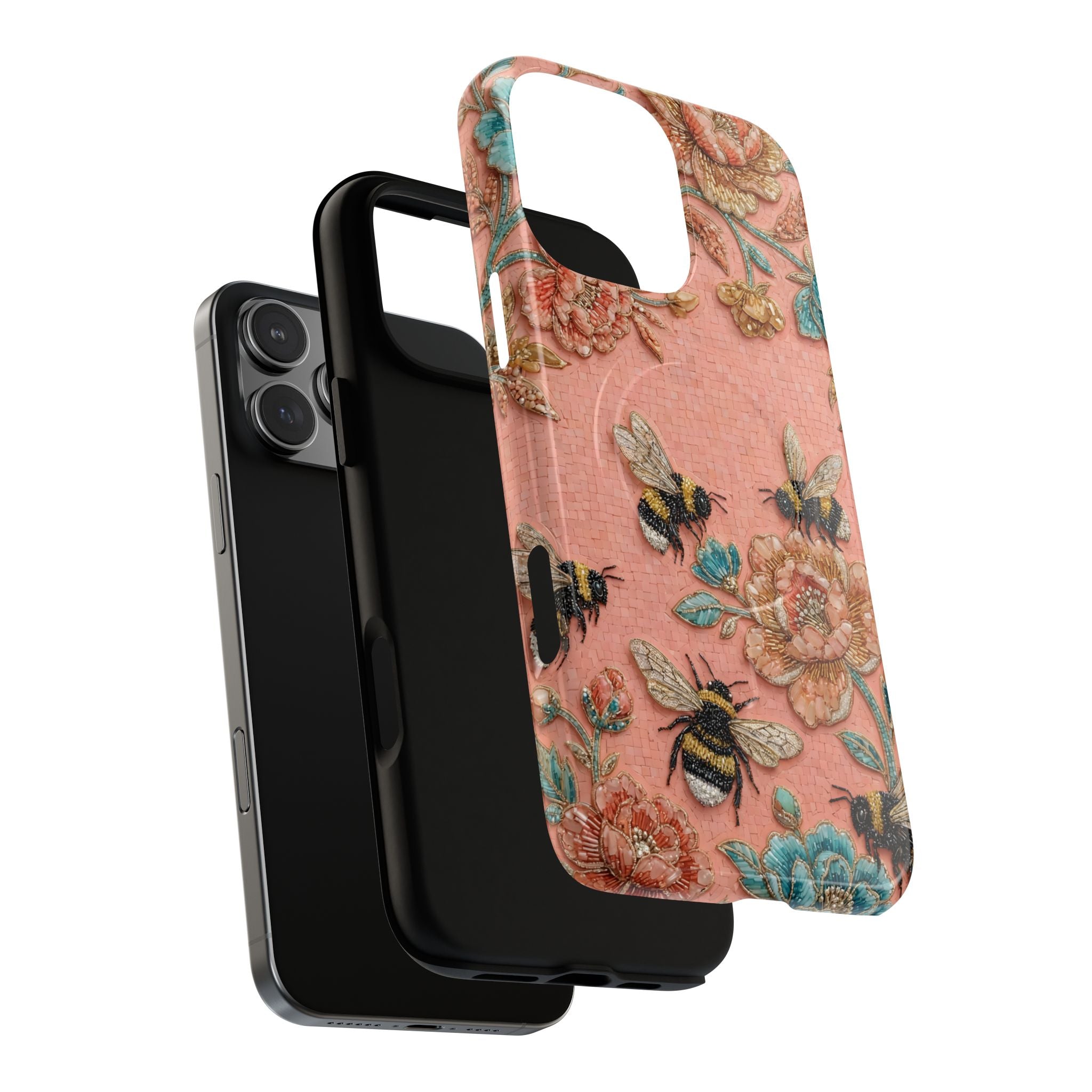 Floral Bee Tough MagSafe iPhone Case | Vintage Pink Garden Protective Cover