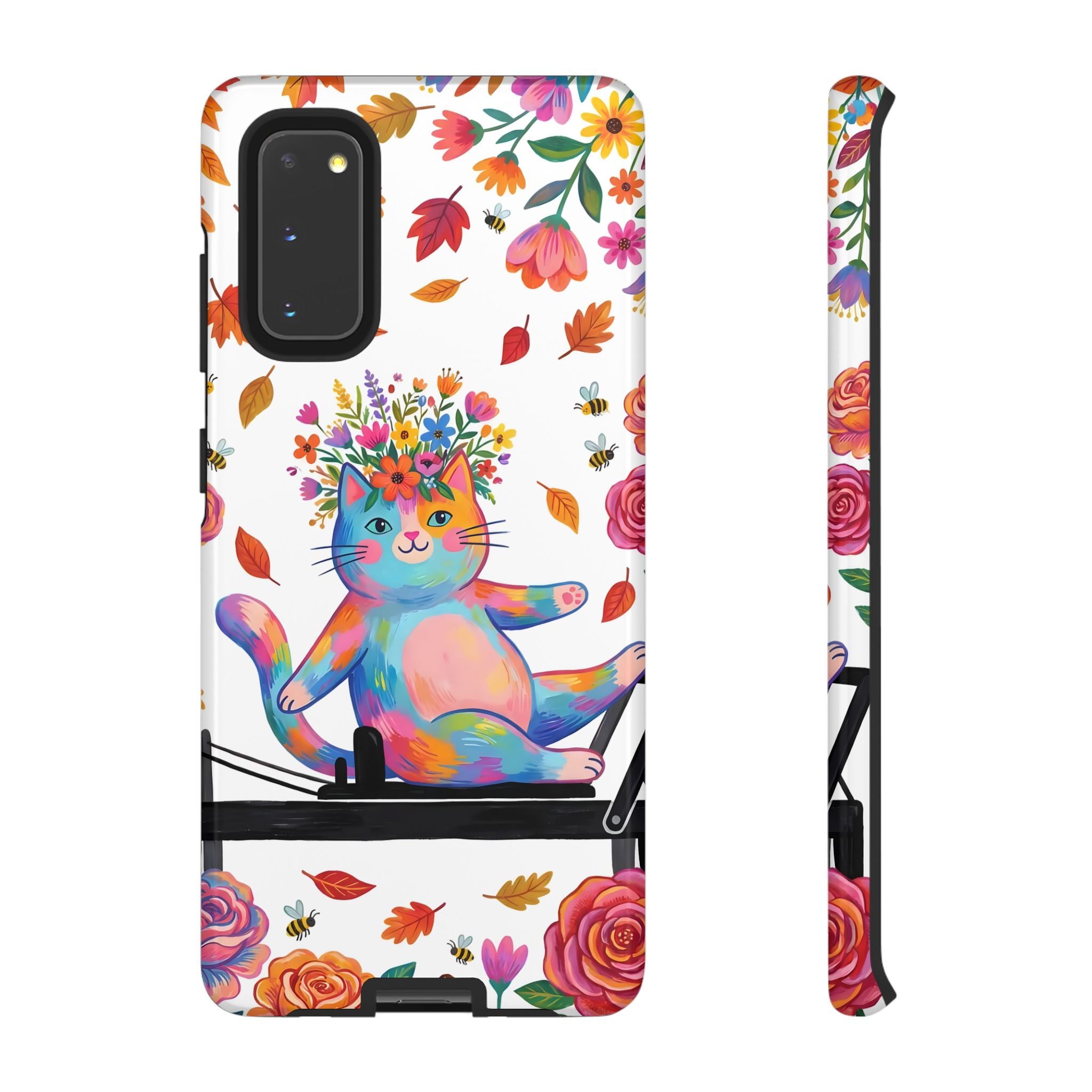Colorful Floral Cat on Pilates Reformer Protective Samsung Galaxy Phone Case