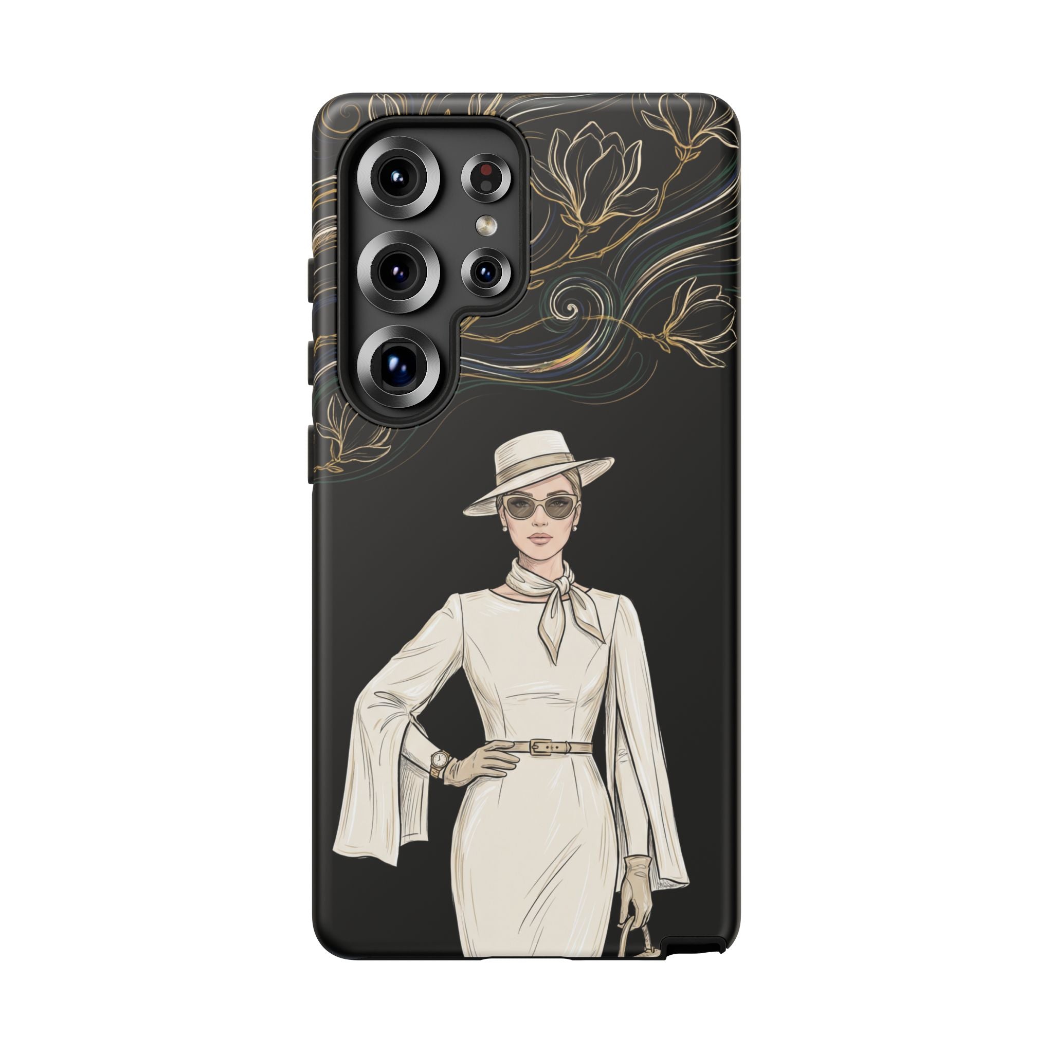 Samsung Galaxy Phone Case | Elegant Vintage Lady with Gold Floral Swirls