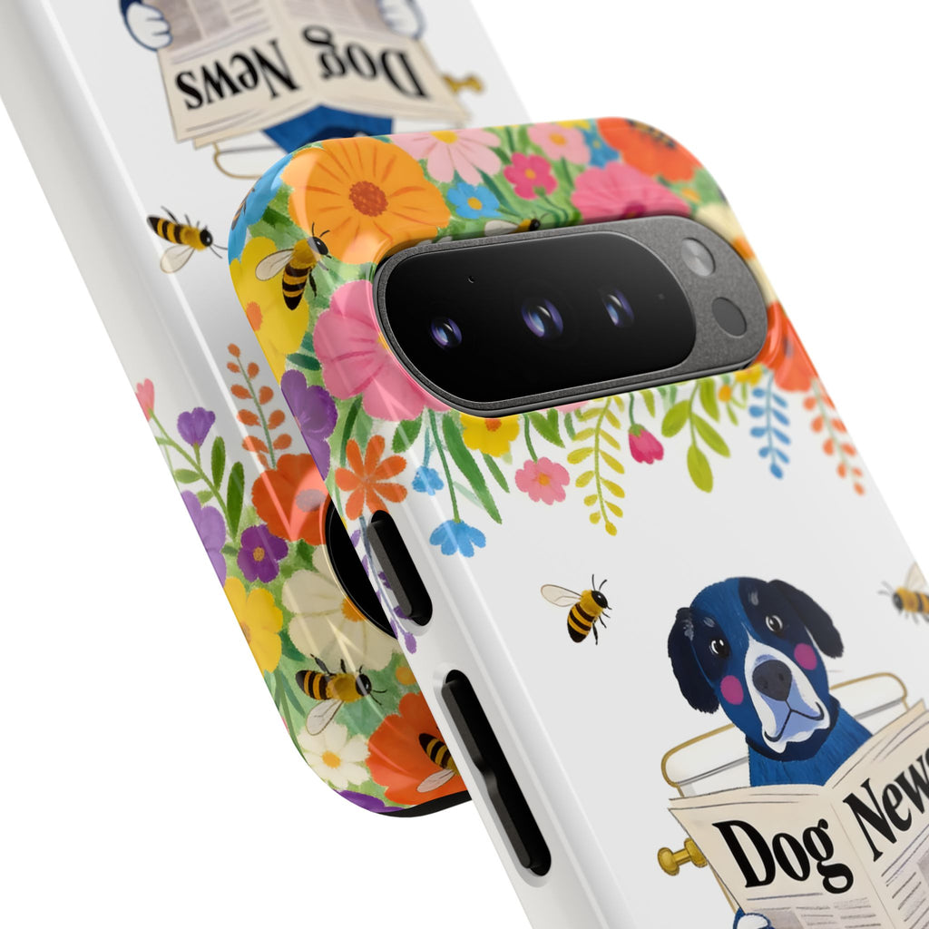 Dog News Floral Google Pixel Phone Case | Cute Dog on Toilet Pattern, Spring Floral