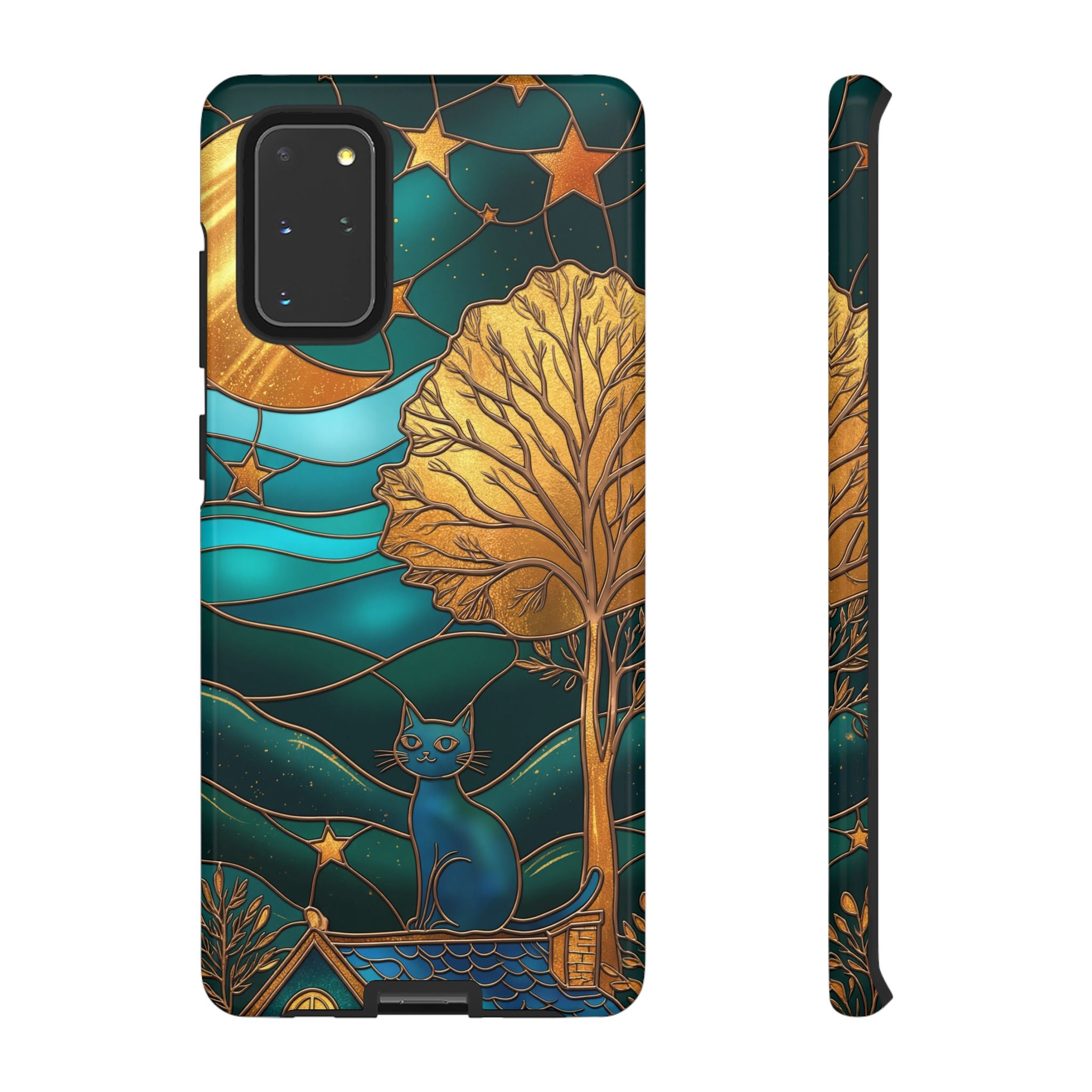 Stained Glass Cat Tough Samsung Galaxy Case | Gold Tree & Starry Night Design