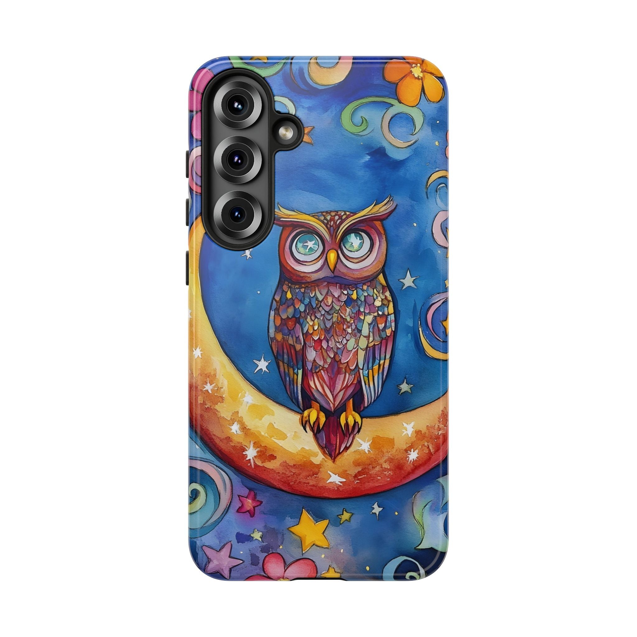 Owl on Crescent Moon Samsung Galaxy Case — Colourful Whimsical Night Sky Design