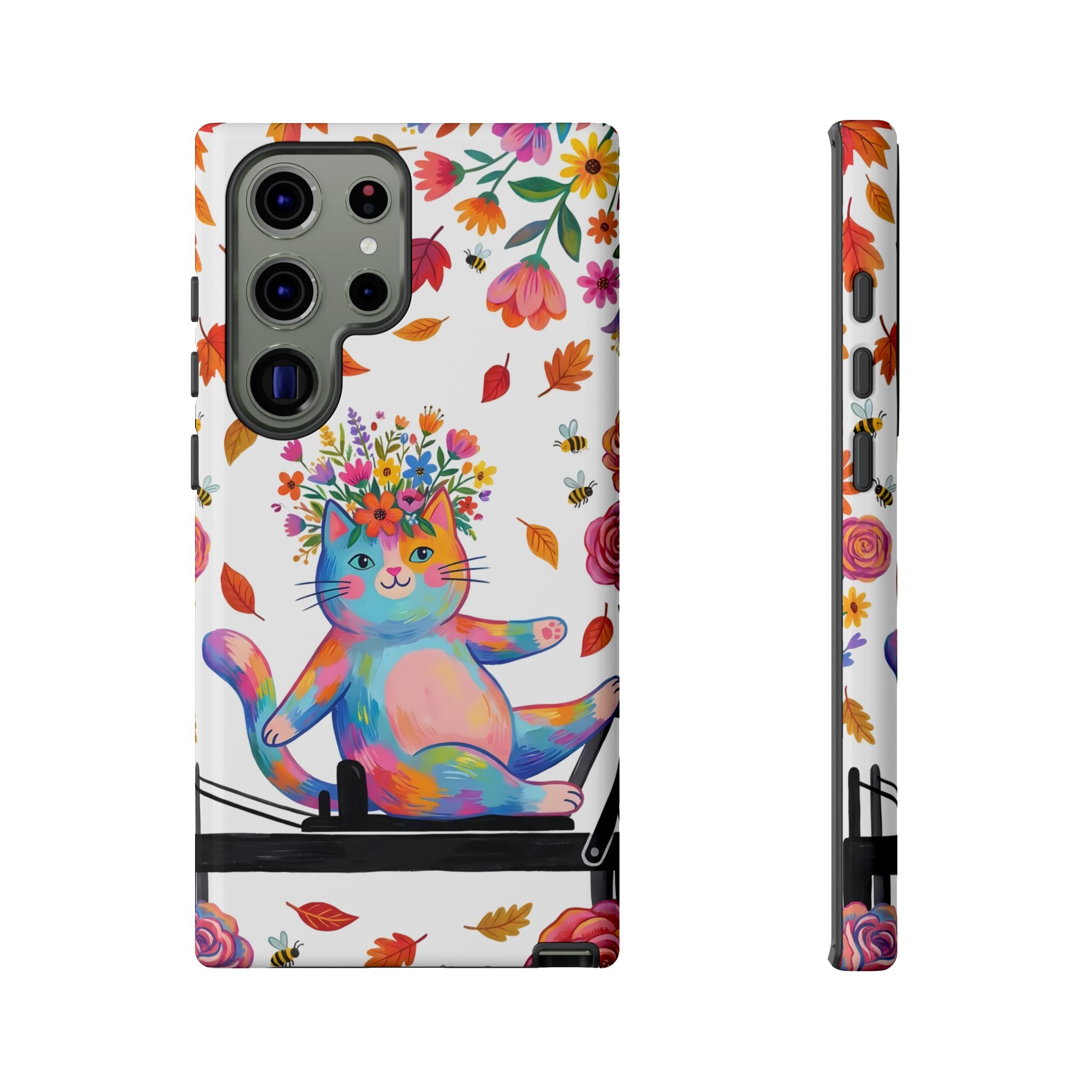 Colorful Floral Cat on Pilates Reformer Protective Samsung Galaxy Phone Case