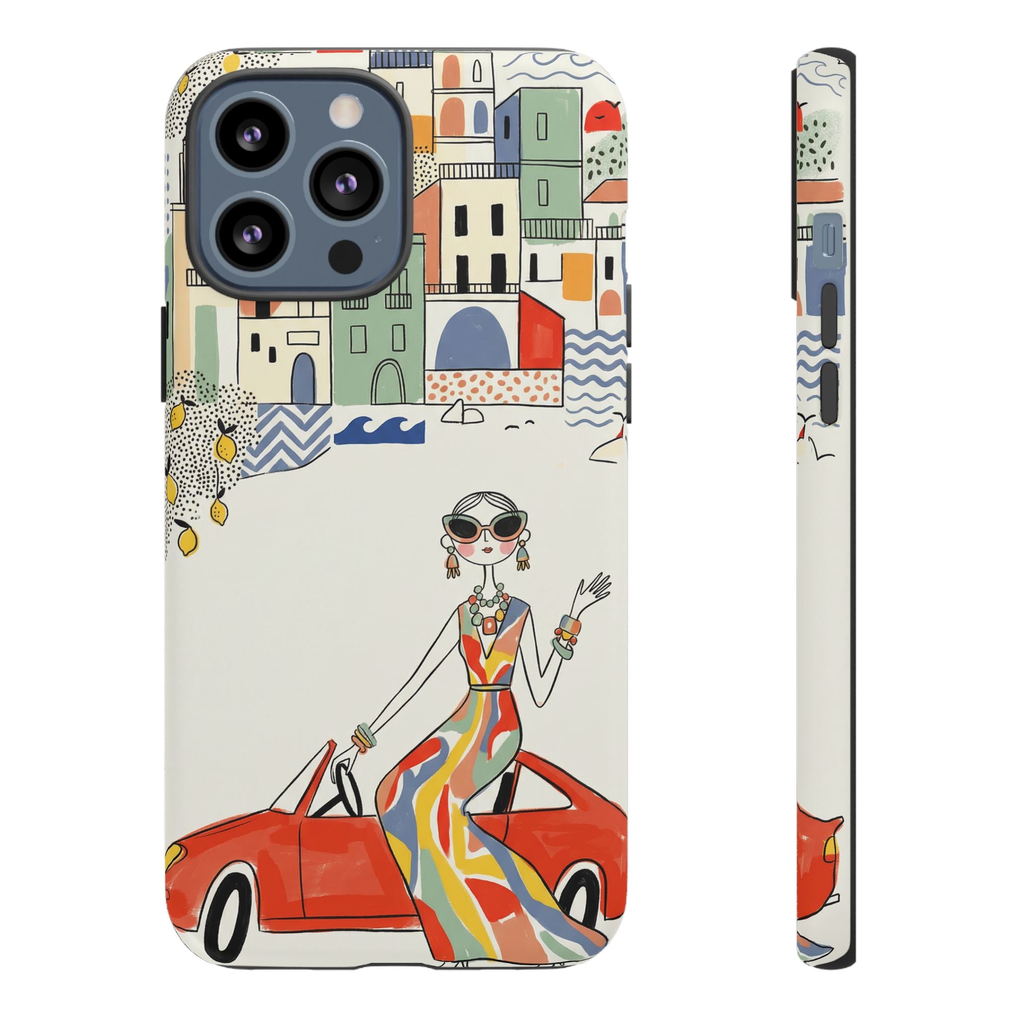 Stylish Riviera iPhone Case | Chic Retro Woman in Convertible Design