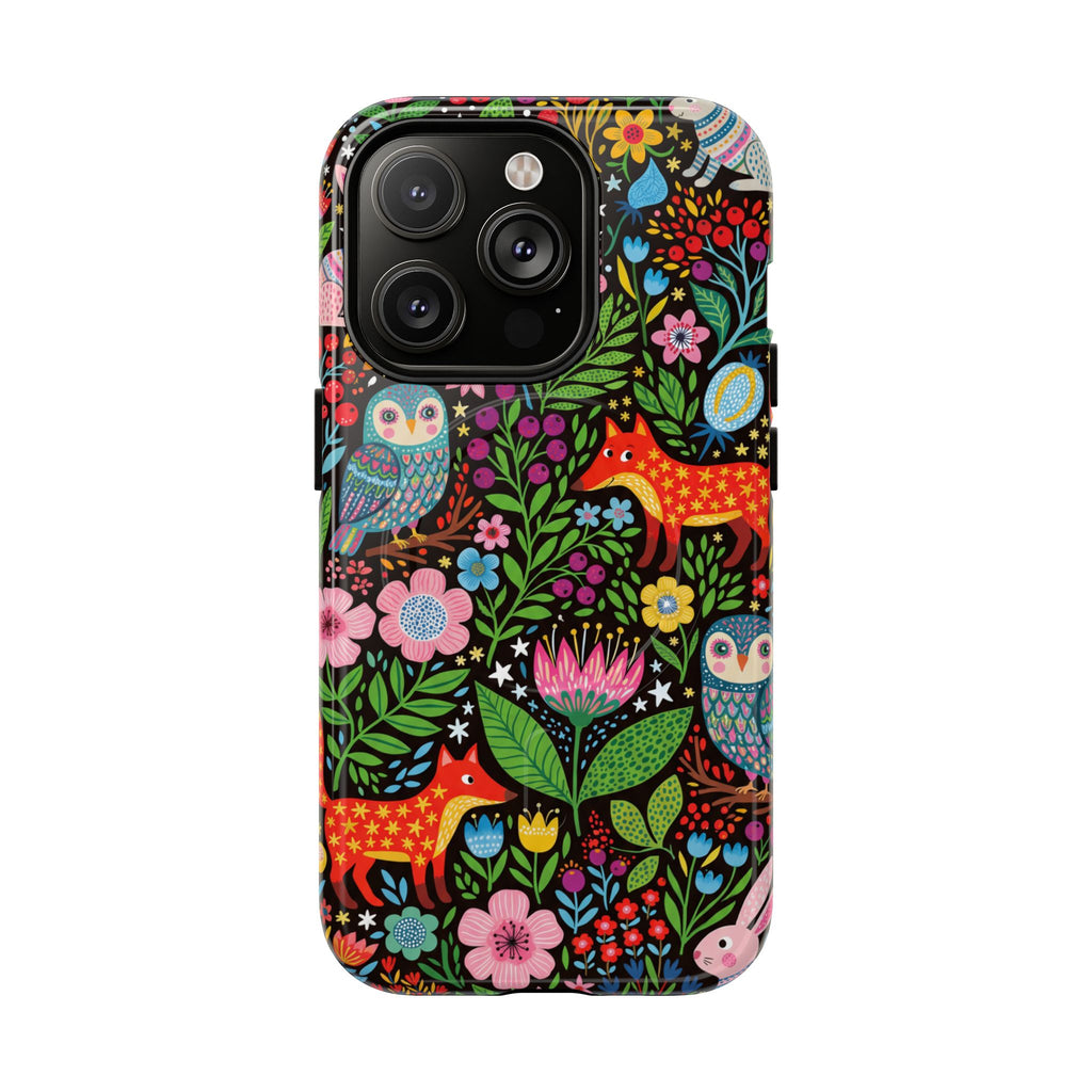 Floral Woodland MagSafe iPhone Case | Colourful Fox & Owl Protective Cover