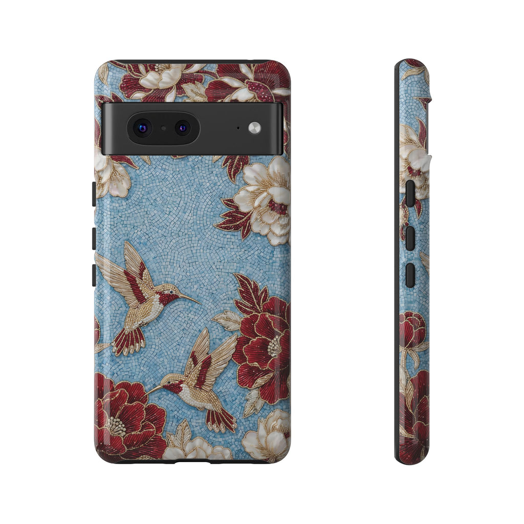 Cover Rigida per Google Pixel Colibrì Floreale | Design Botanico Vintage Blu e Borgogna
