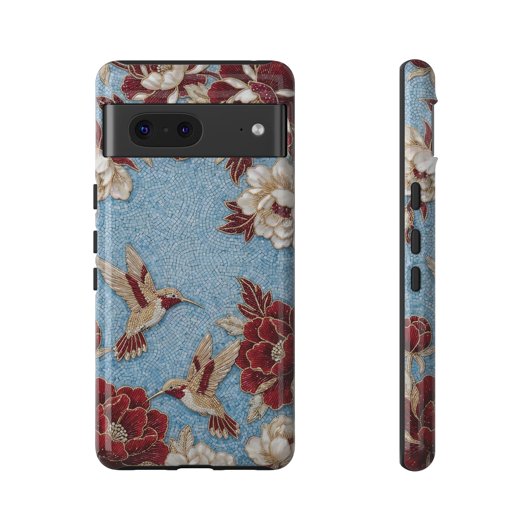 Floral Hummingbird Tough Google Pixel Phone Case | Vintage Blue & Burgundy Botanical Design