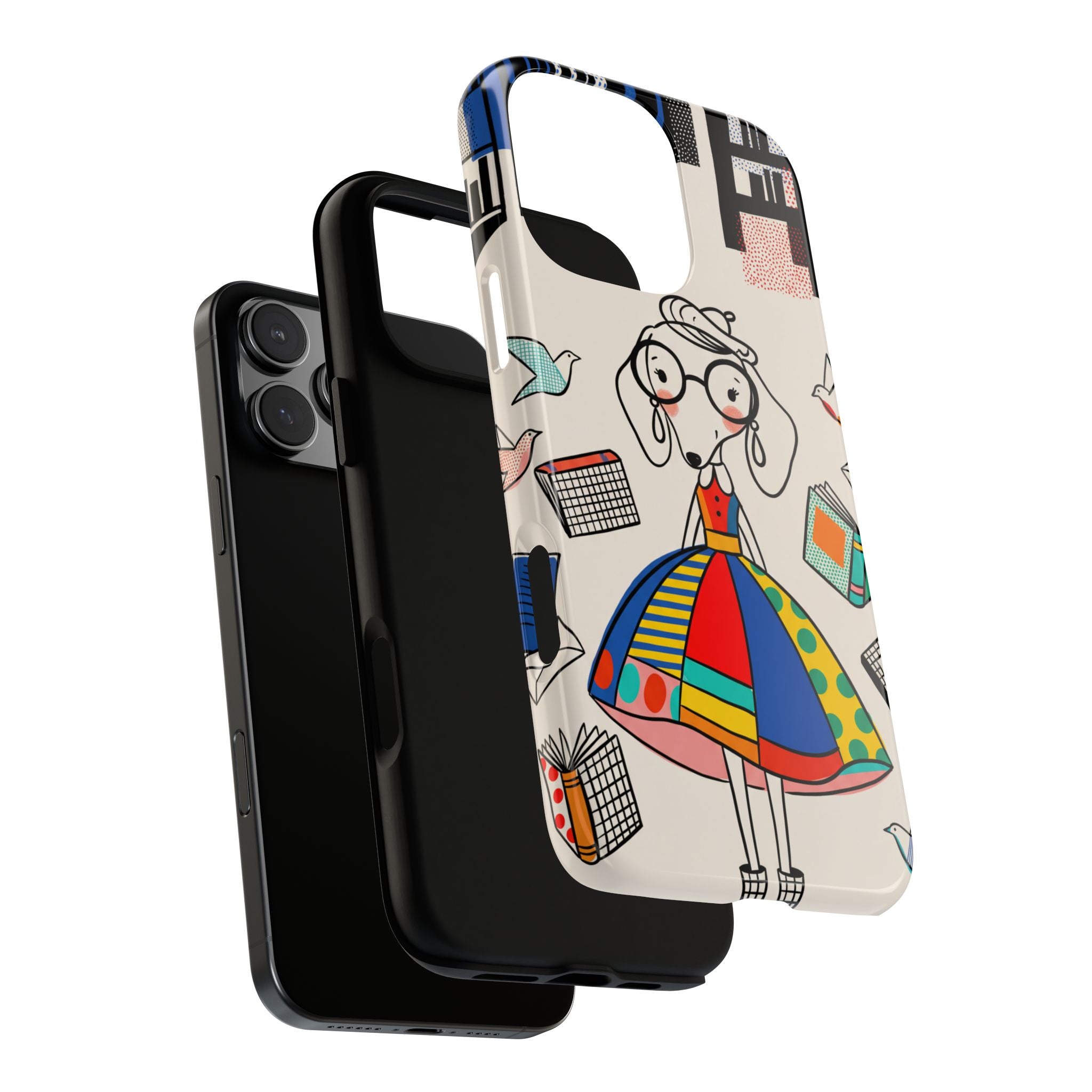 Cute Dachshund Dog Illustration iPhone Case | Colorful Whimsical Book & Bird Design