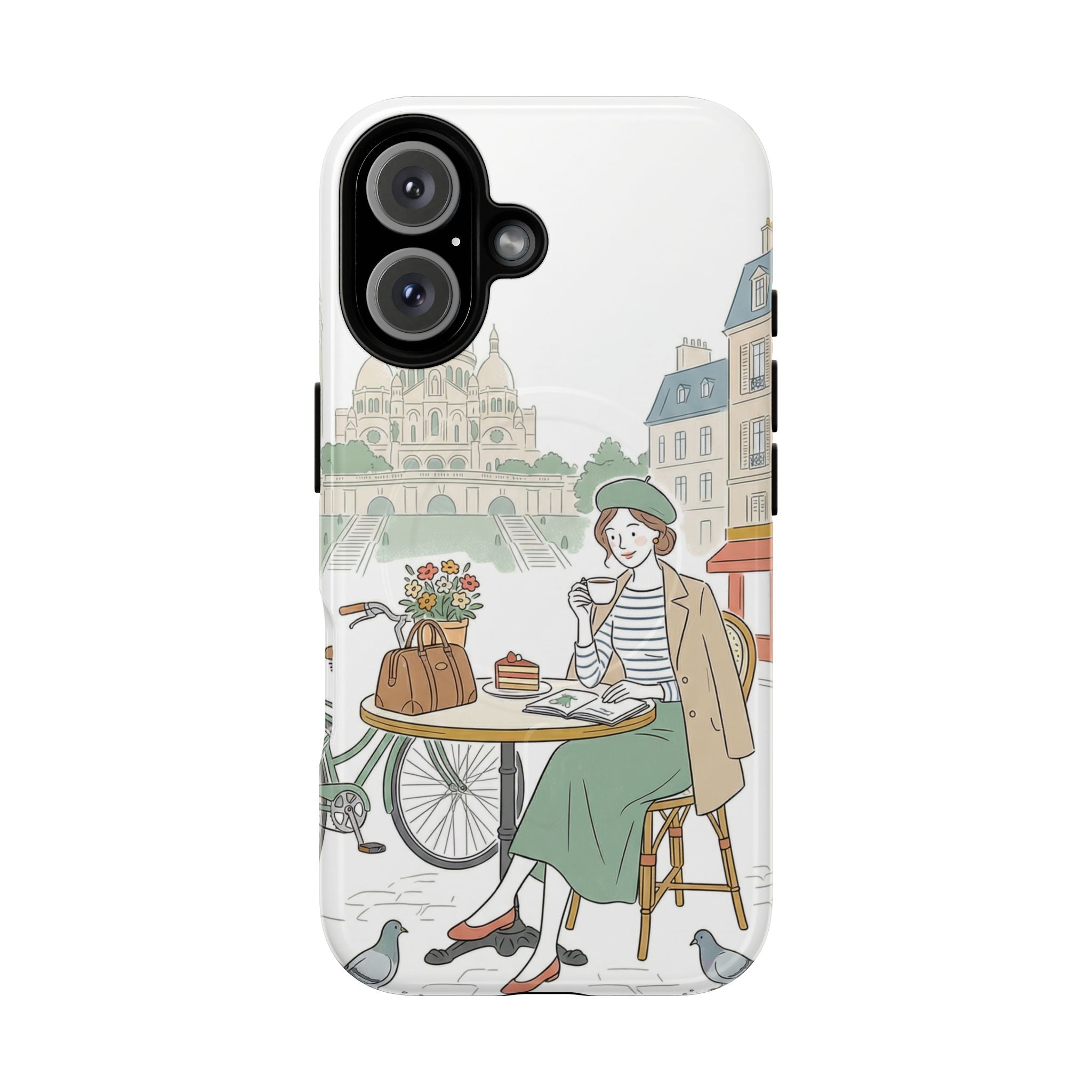 Paris Cafe Illustration MagSafe iPhone Case | Vintage Bicycles & Pigeons Protective Cover