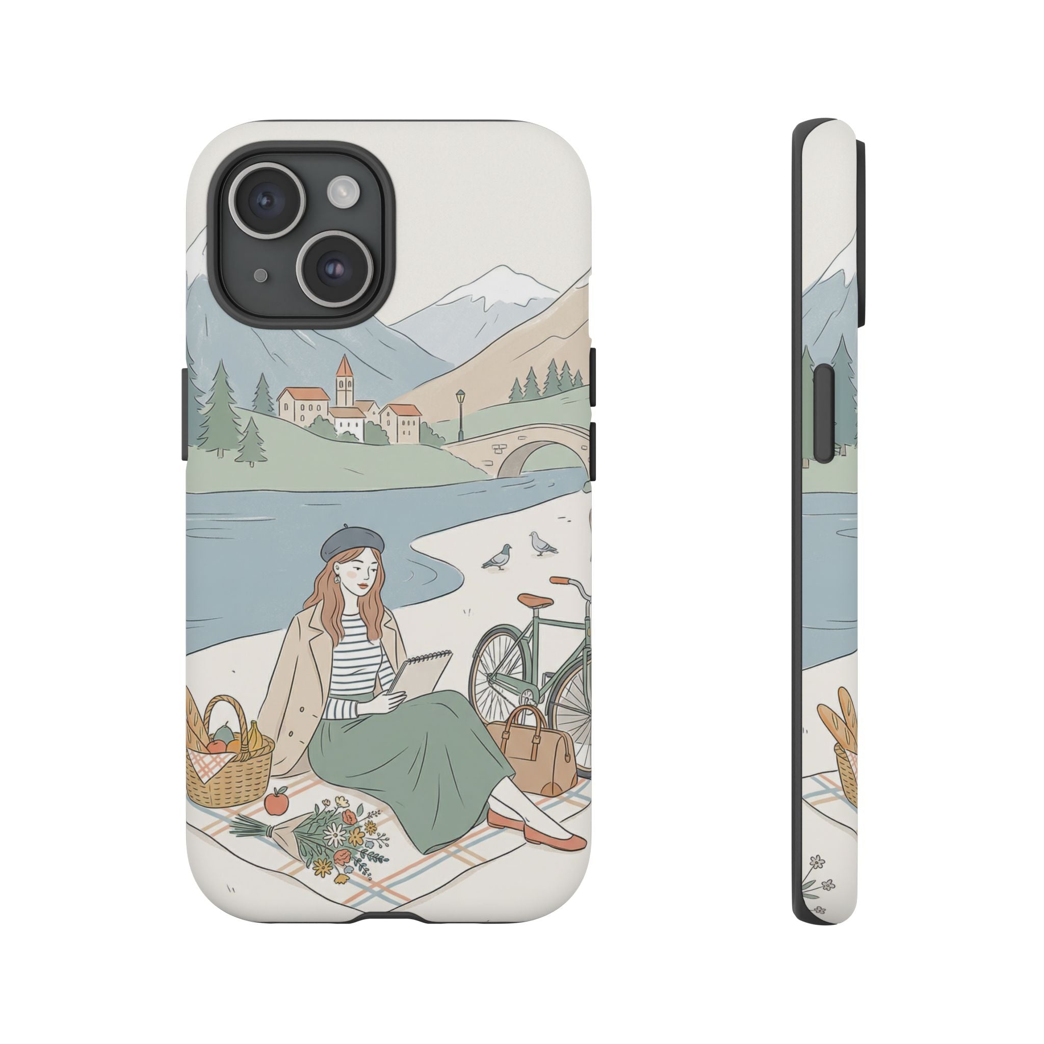 Scenic Picnic iPhone Case | Vintage Bicycle & Mountain Illustration