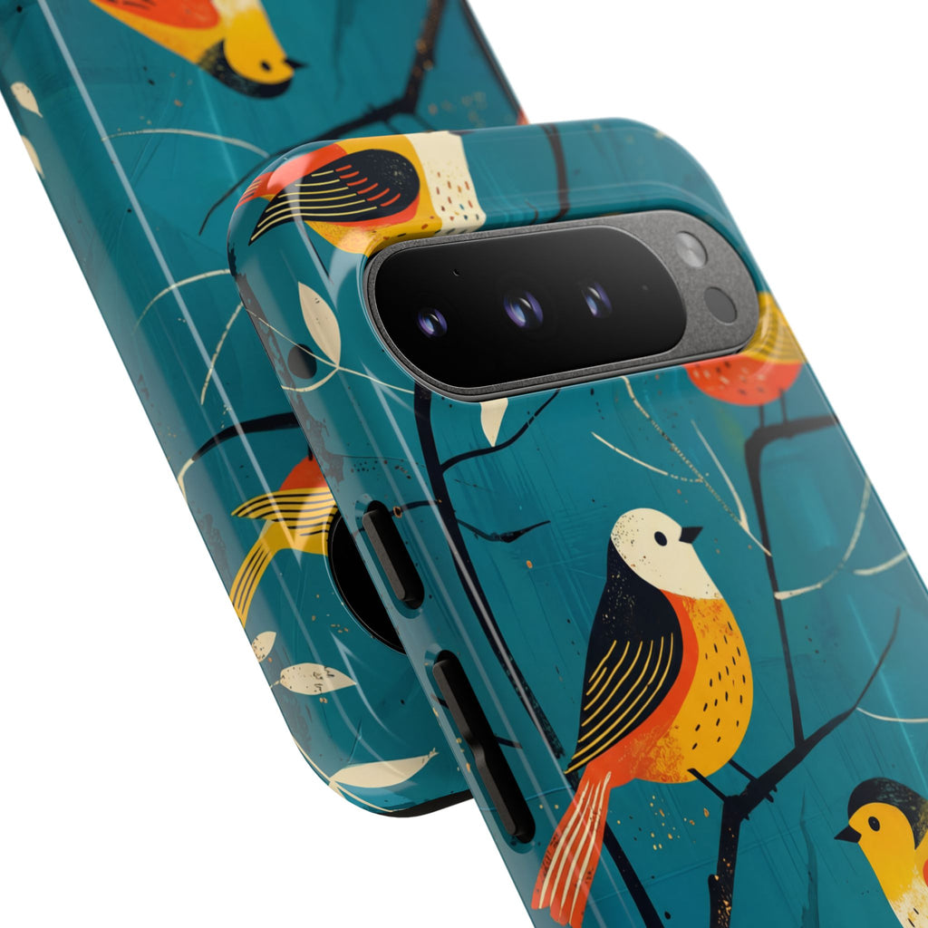 Bird Pattern Tough Google Pixel Phone Case | Colourful Songbirds on Teal Background
