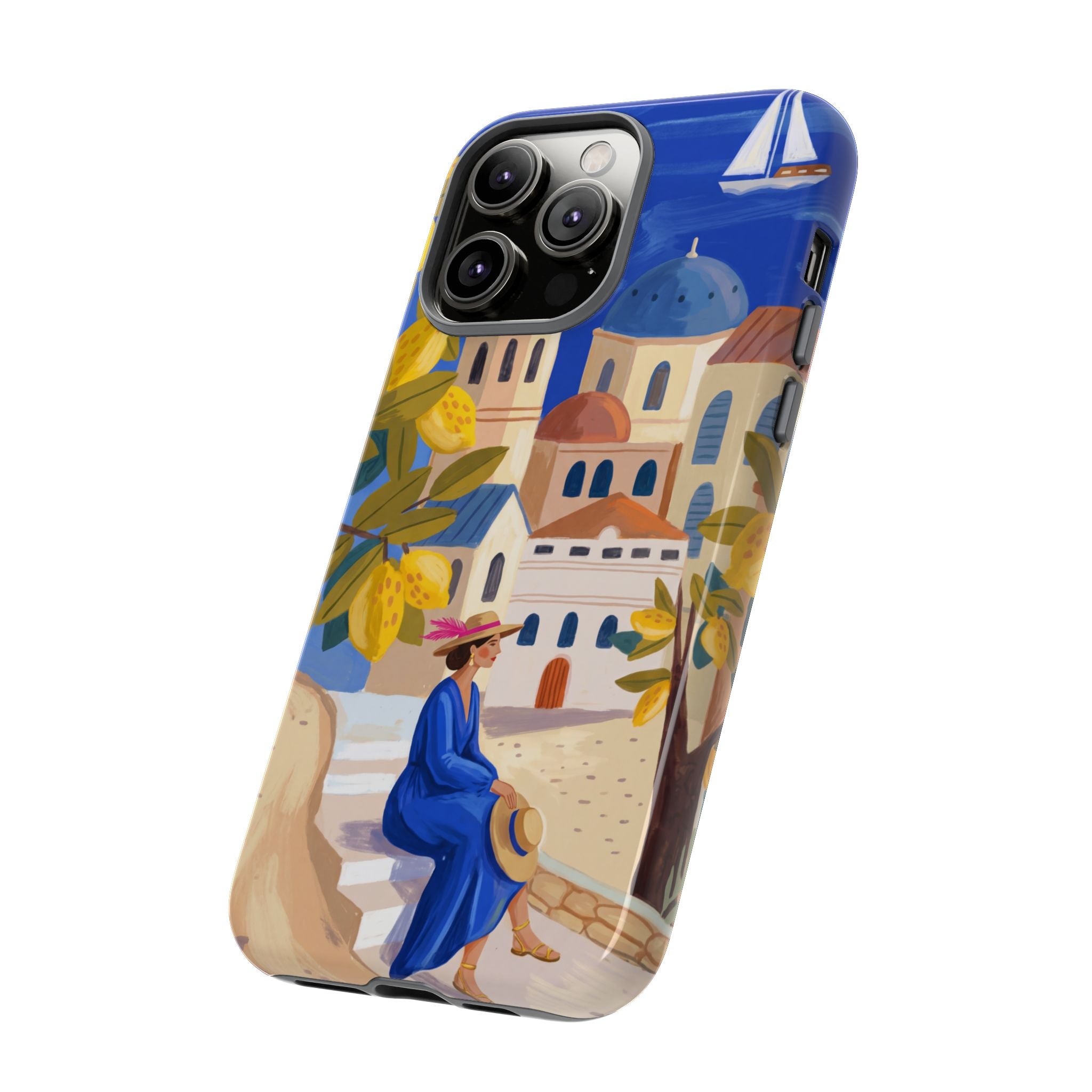 Mediterranean Village iPhone Case | Scenic Sailboat & Lemon Grove Design
