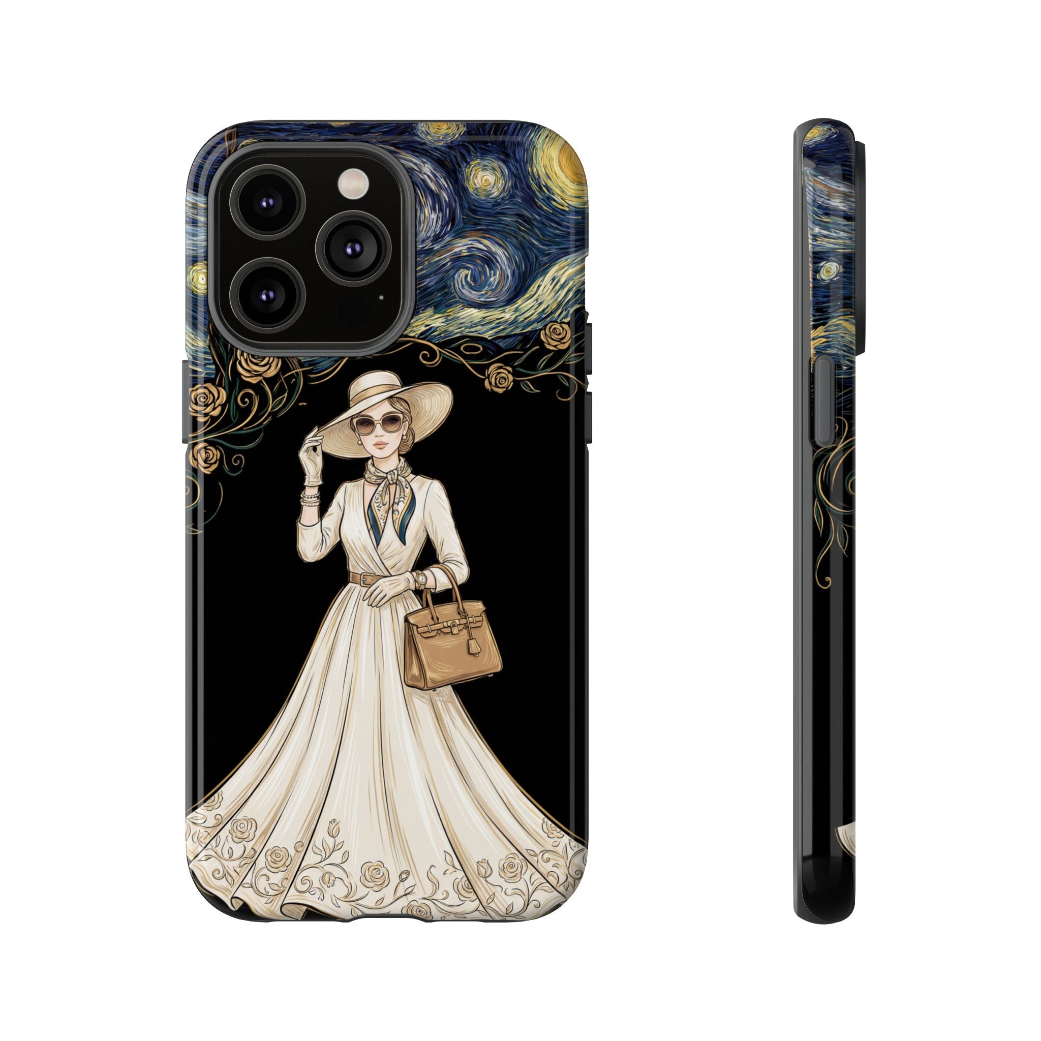 Vintage Starry Night Fashion iPhone Case | Elegant Lady in White Dress
