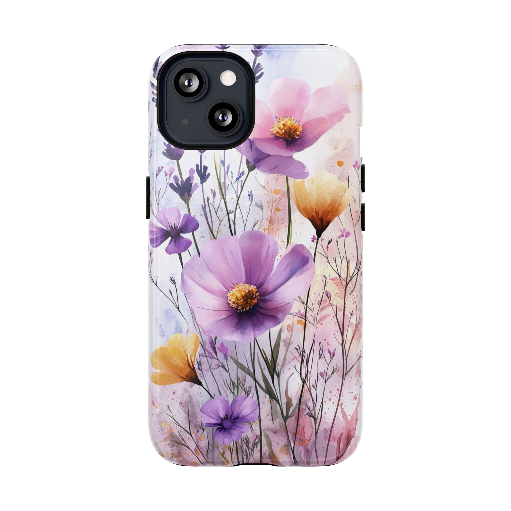 Custodia MagSafe resistente per iPhone con motivo acquerello floreale | Fiori di campo viola e gialli