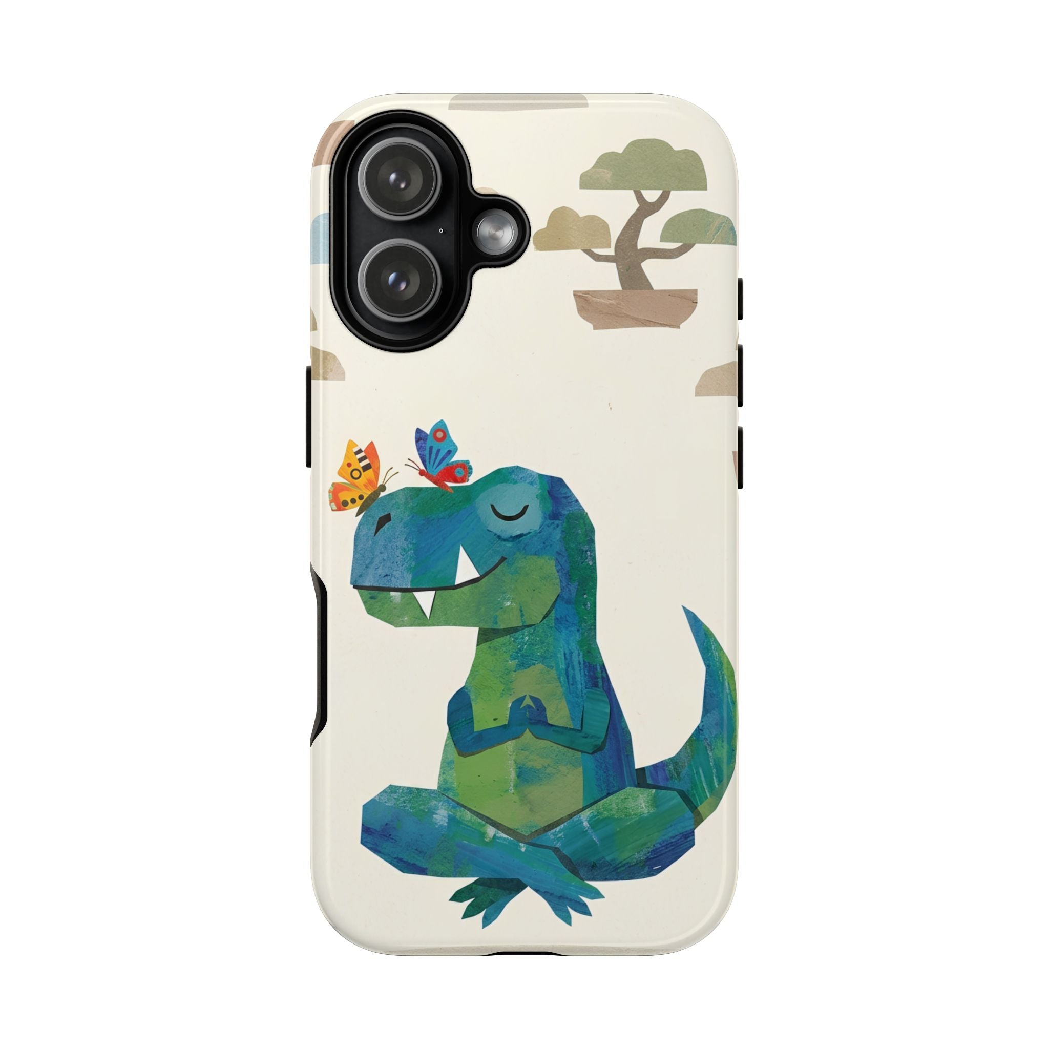 Meditating Dinosaur iPhone Case | Cute T-Rex with Butterflies and Bonsai