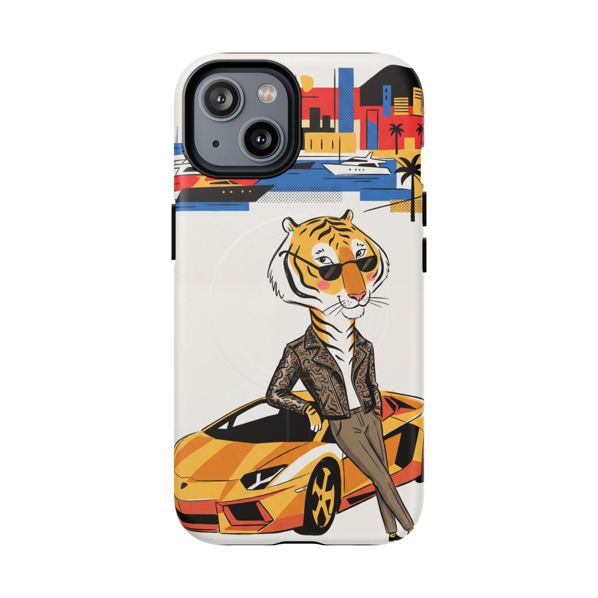 Stylish Tiger with Sports Car Illustration MagSafe iPhone Case