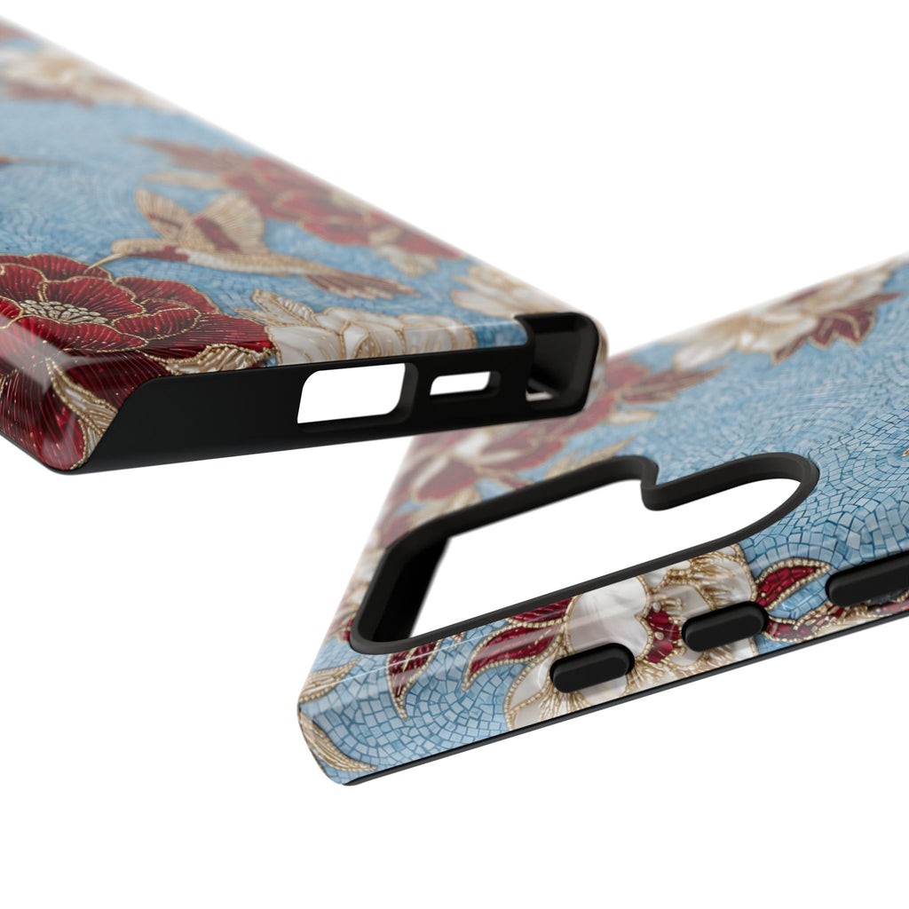 Cover Resistente Samsung Galaxy Colibrì Floreale | Design Botanico Vintage Blu e Borgogna