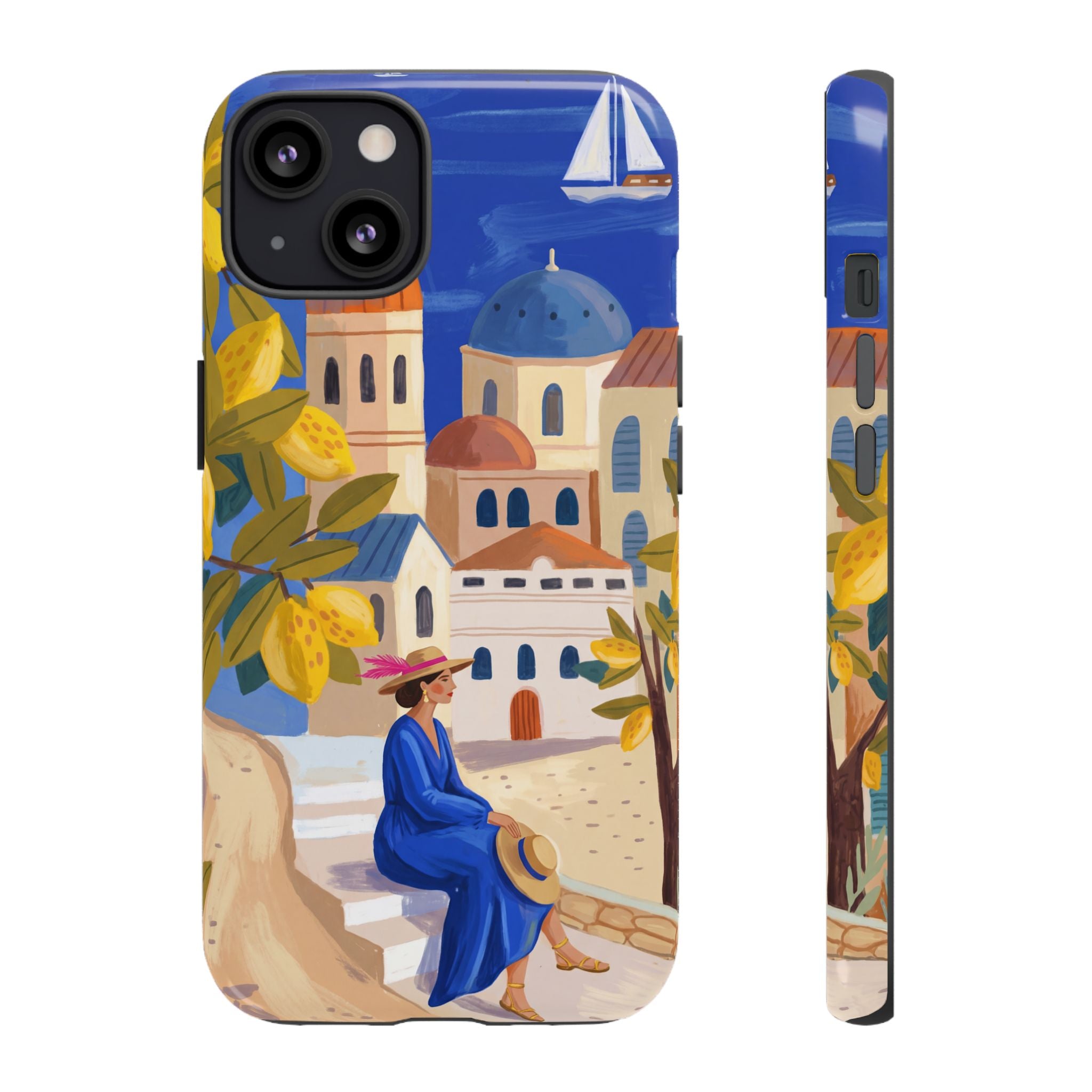 Mediterranean Village iPhone Case | Scenic Sailboat & Lemon Grove Design