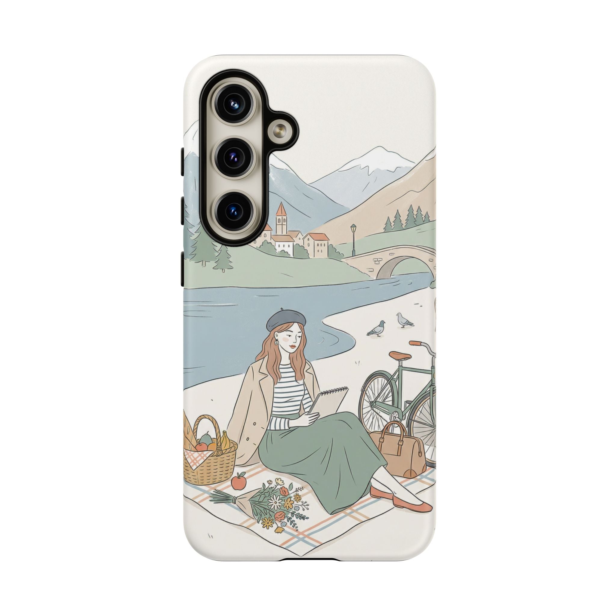 Scenic Picnic Samsung Galaxy Phone Case | Vintage Bicycle & Mountain Illustration