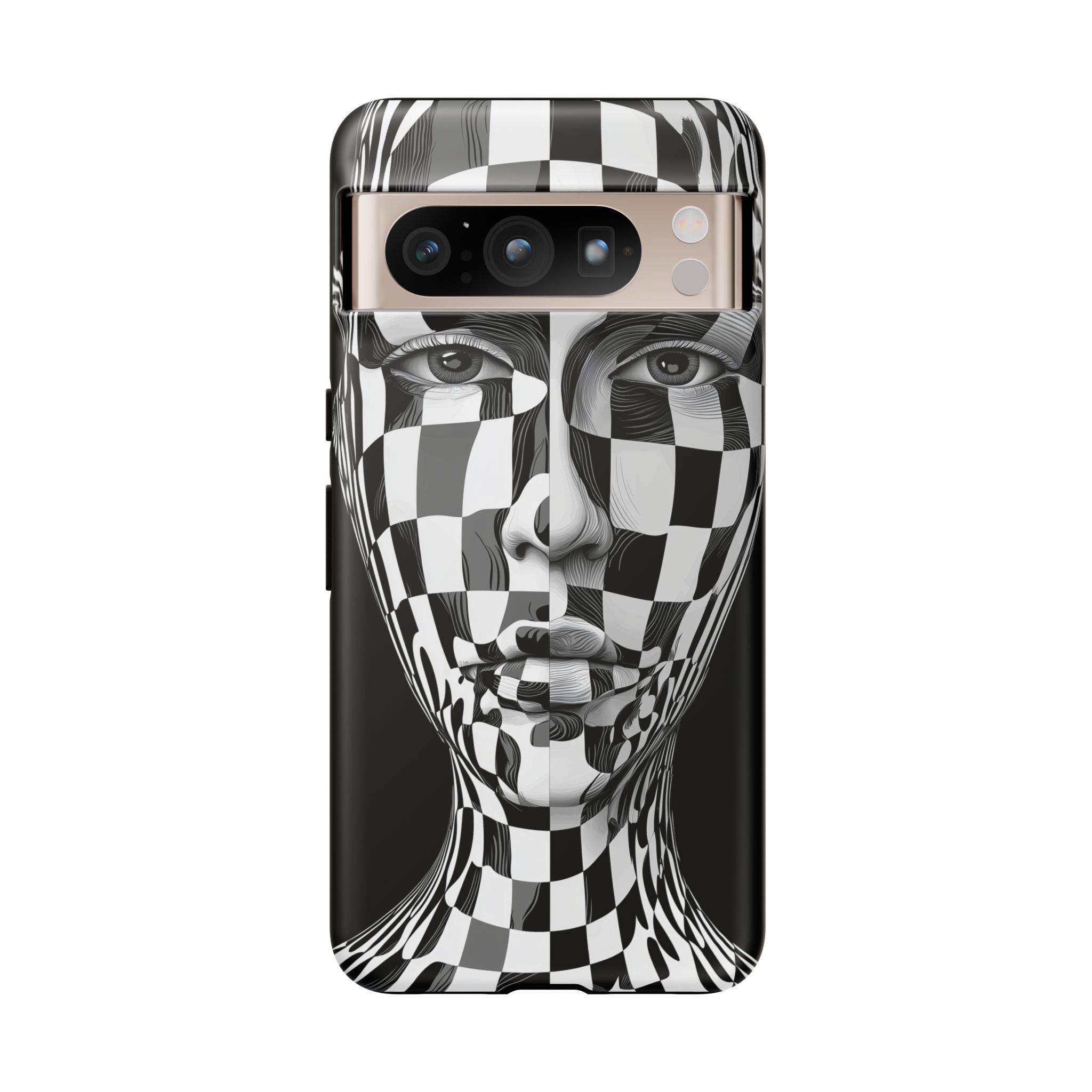 Checkerboard Face Tough Google Pixel Case — Black & White Surreal Art Protective Cover