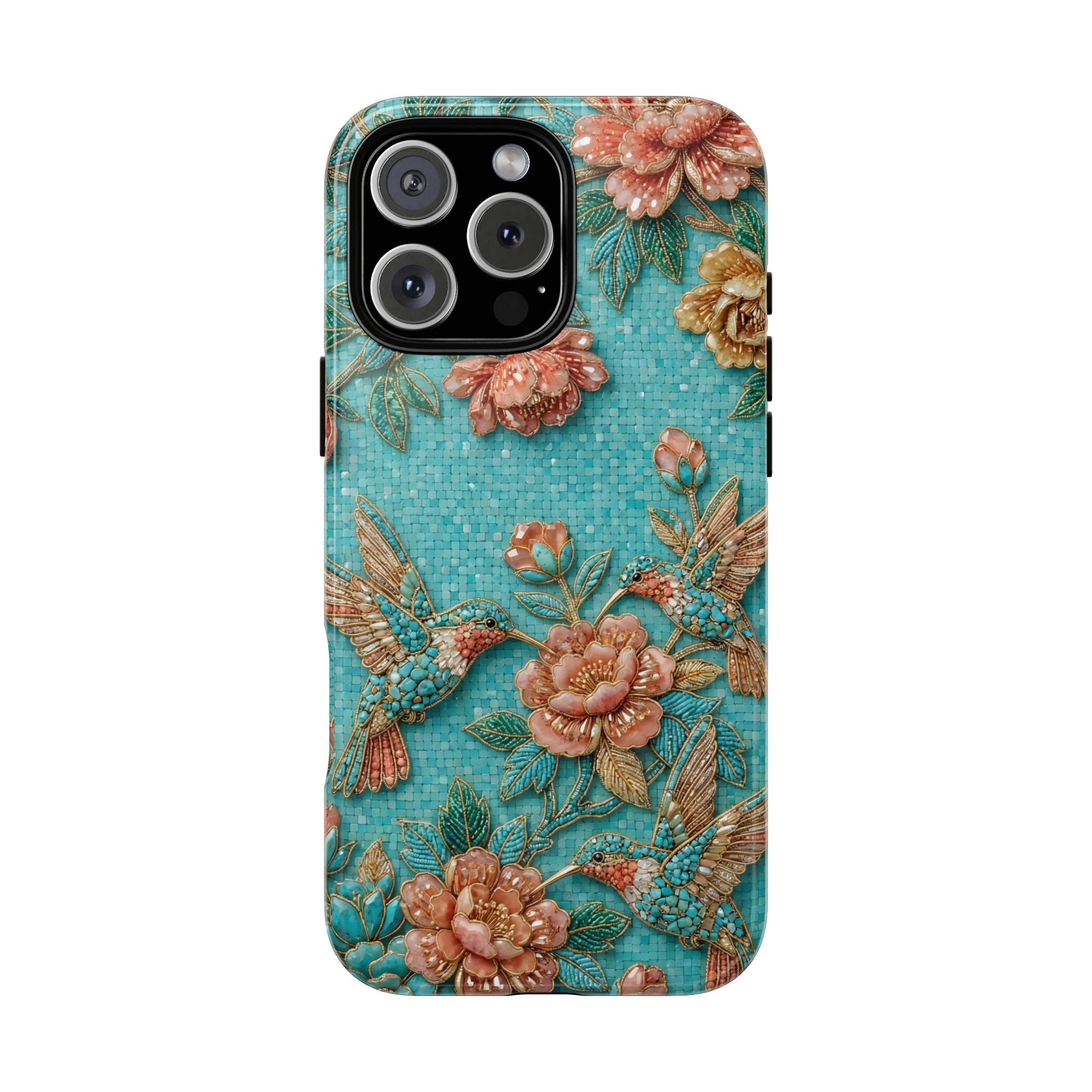 Floral Hummingbird Tough iPhone Case | Turquoise Embroidered Garden Design