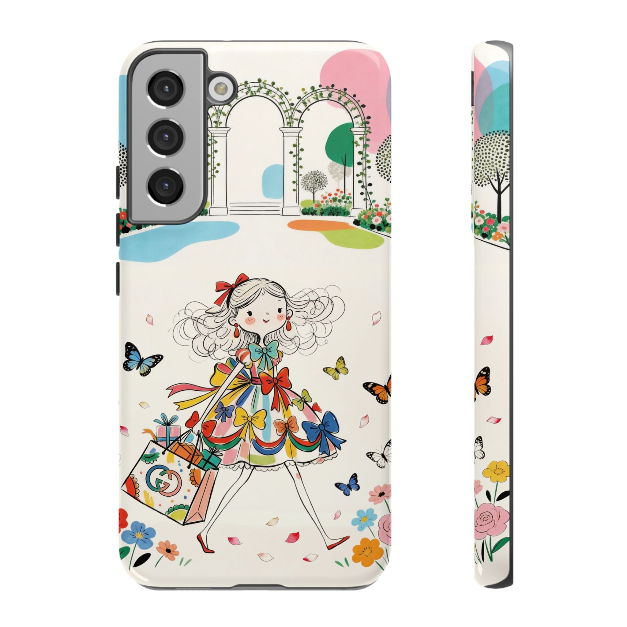 Whimsical Shopping Girl Samsung Galaxy Phone Case | Cute Floral Butterfly Tough Case