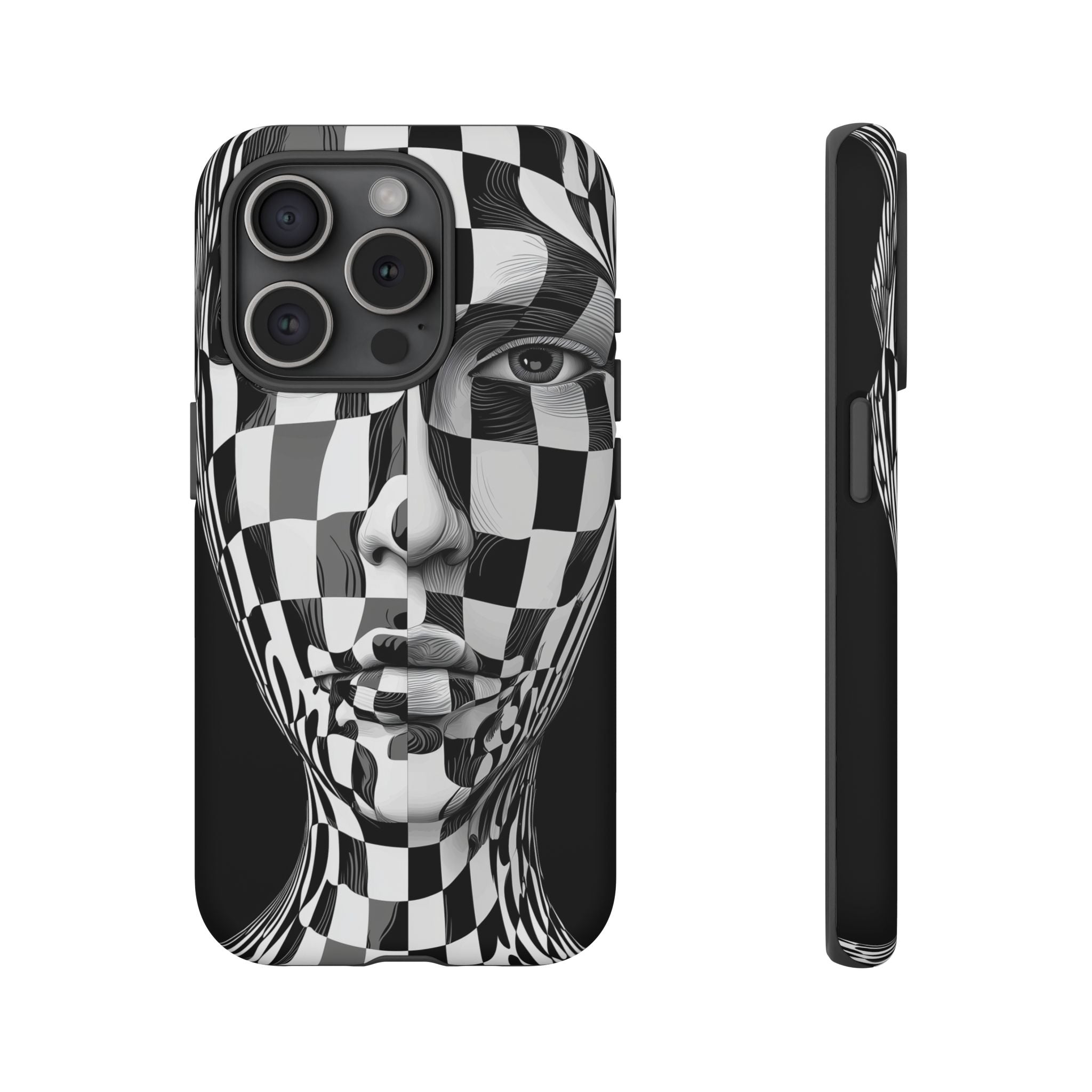 Checkerboard Face Tough iPhone Case — Black & White Surreal Art Protective Cover