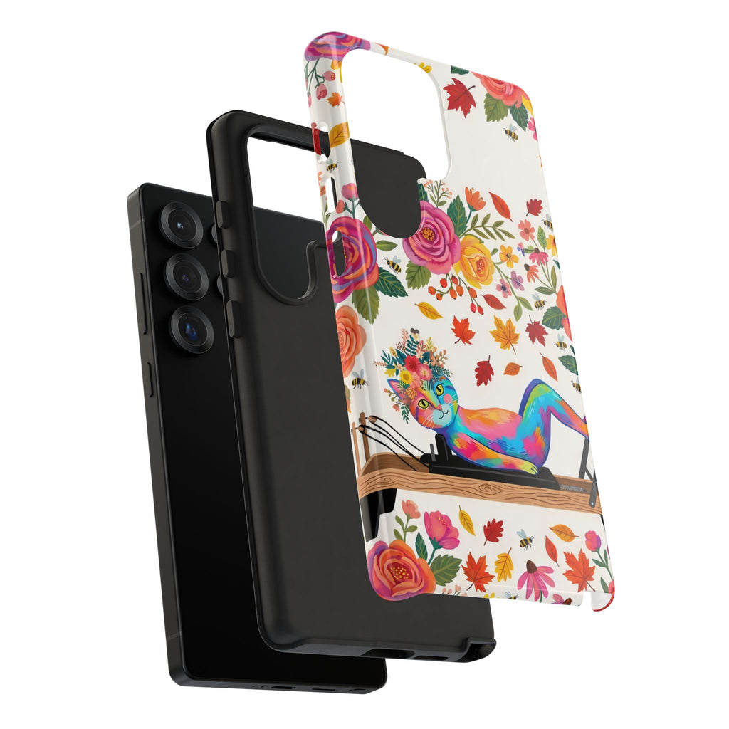 Autumn Floral Pilates Samsung Galaxy Phone Case | Colorful Rainbow Pilates Figure on Falling Leaves