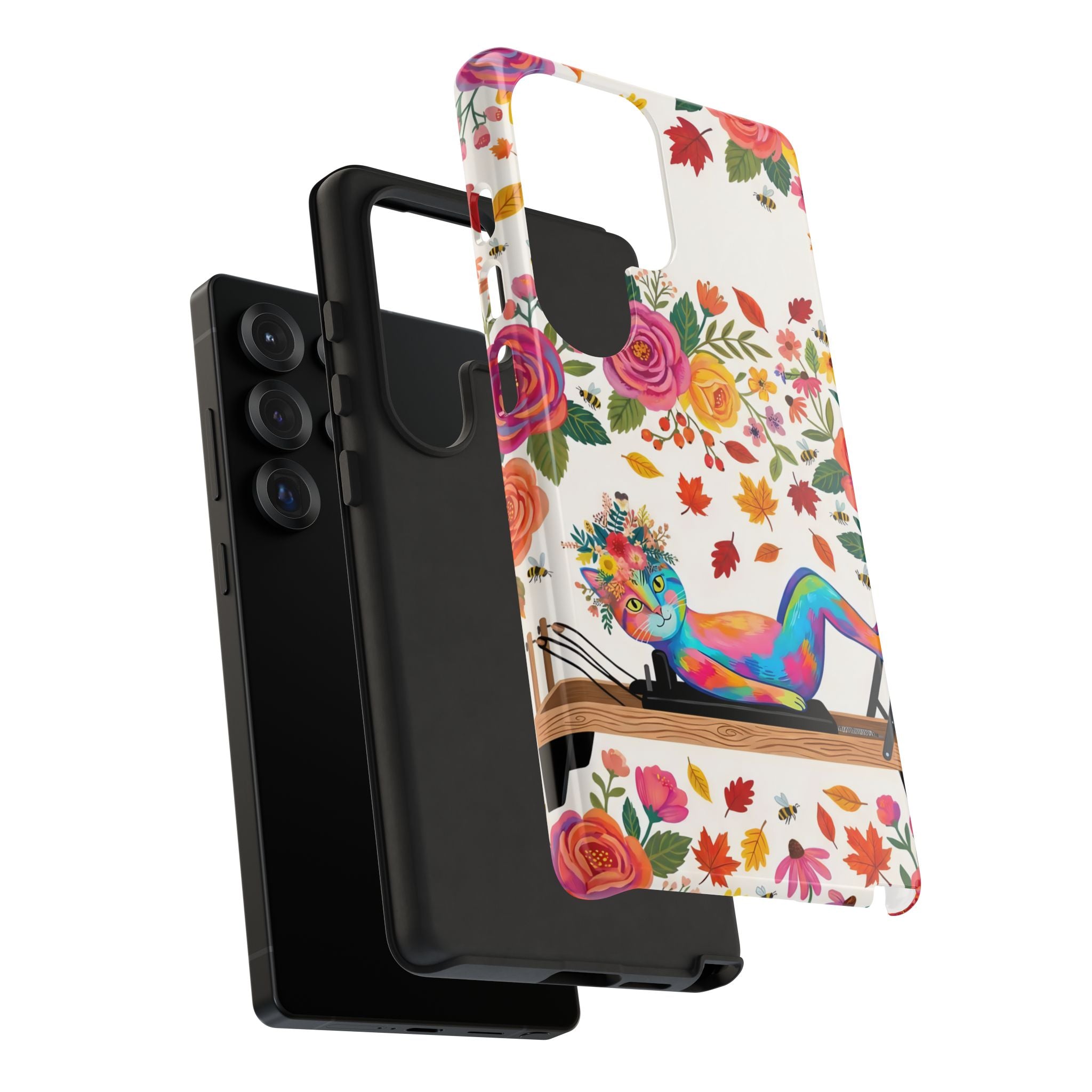 Autumn Floral Pilates Samsung Galaxy Phone Case | Colorful Rainbow Pilates Figure on Falling Leaves