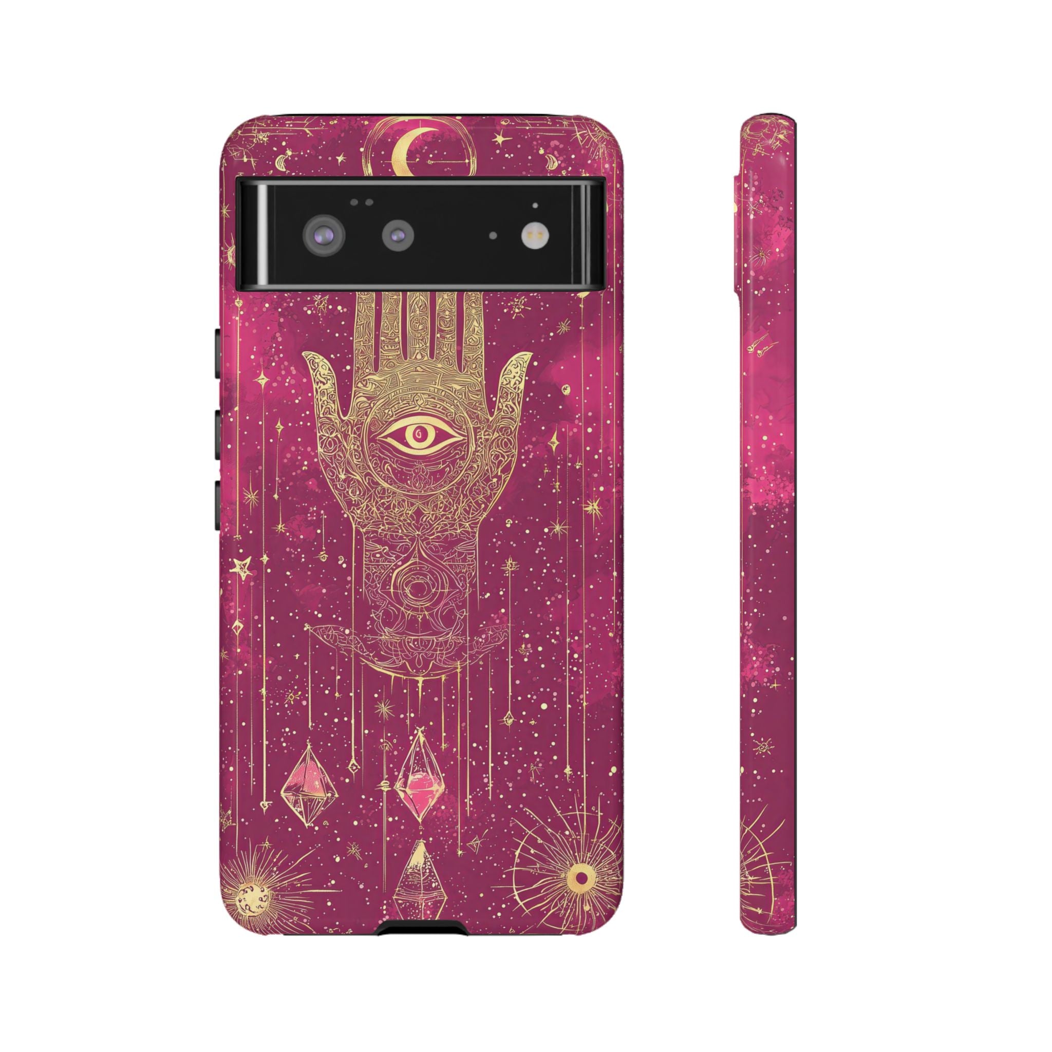 Mystic Hamsa Google Pixel Case | Gold Palm & All-Seeing Eye on Magenta Galaxy