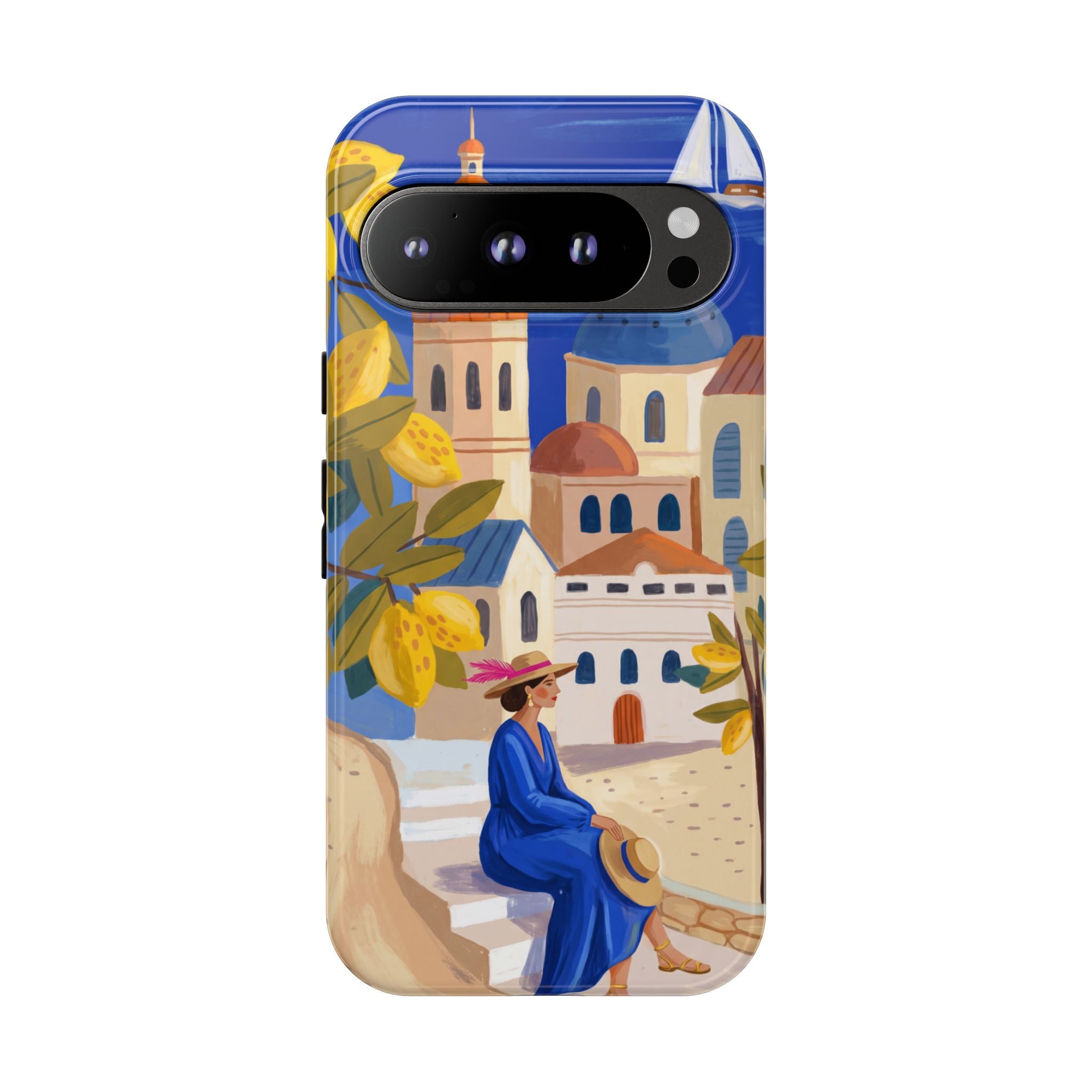 Mediterranean Village Google Pixel Phone Case | Scenic Sailboat & Lemon Grove Design