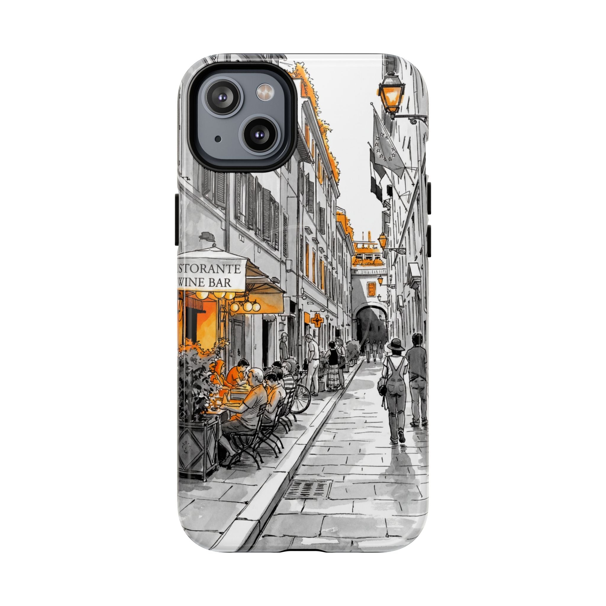 Custodia per iPhone con scena di strada in Italia | Custodia MagSafe resistente con dettagli arancioni