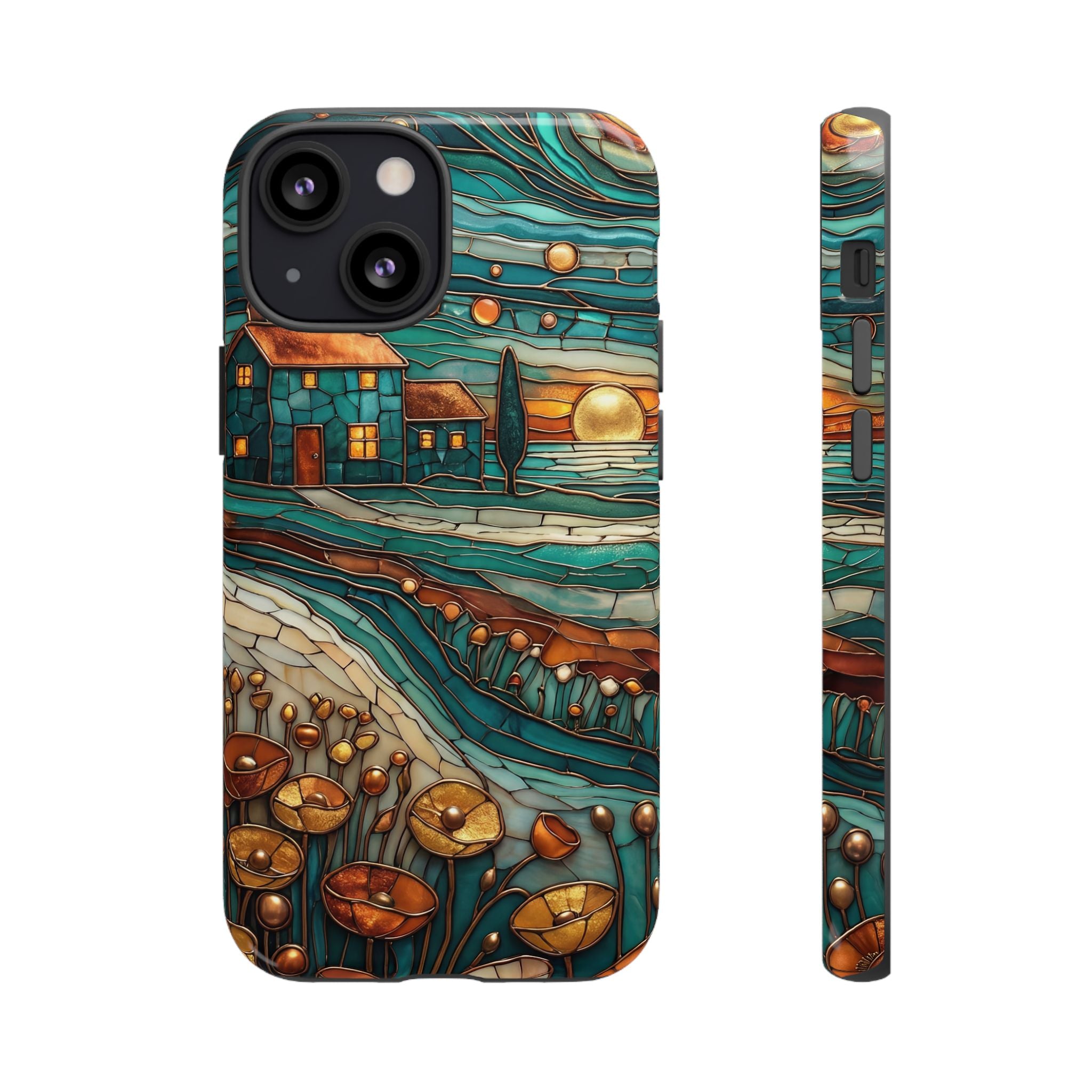 Artistic Sunset Cottage iPhone Case | Whimsical Floral Landscape Protective Cover