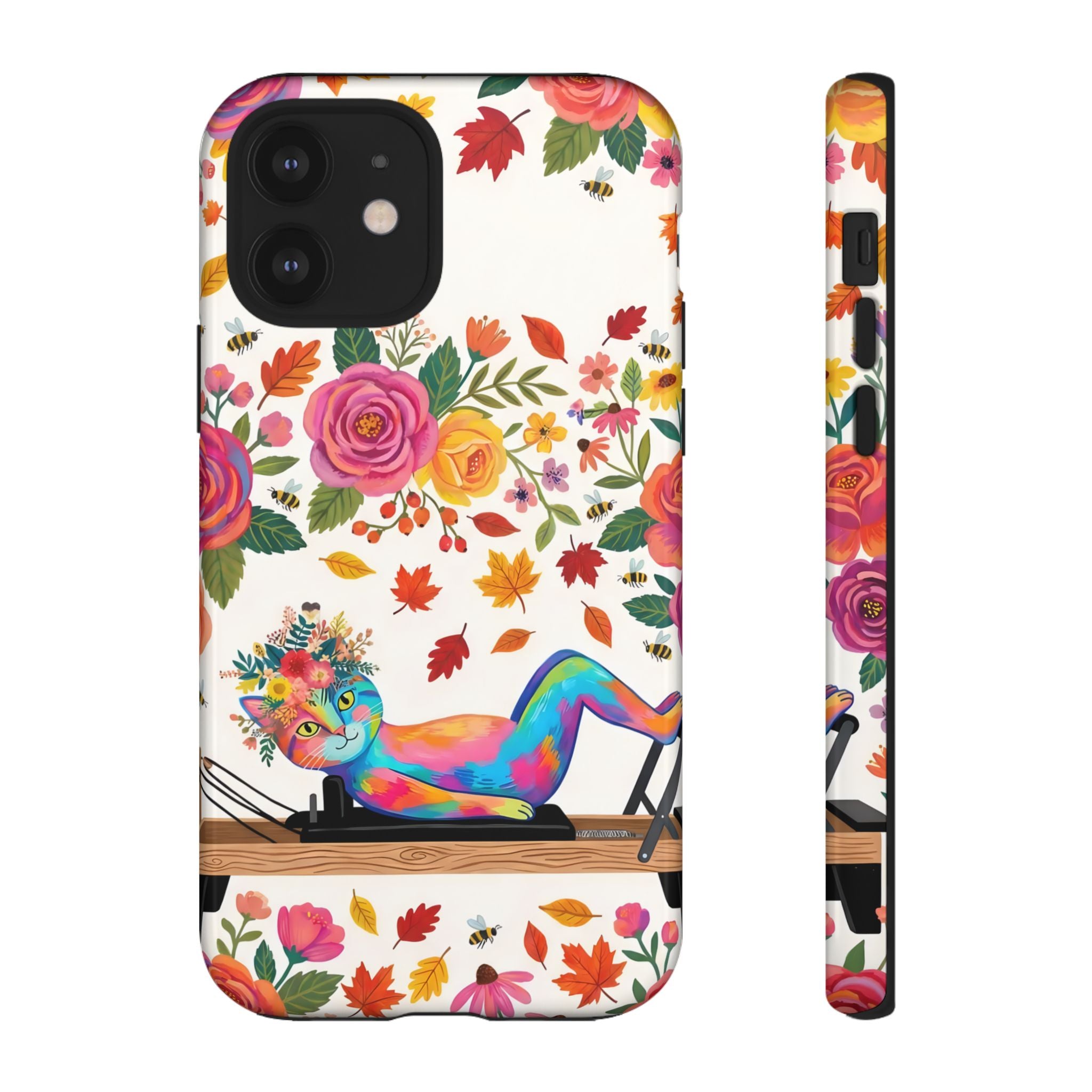 Autumn Floral Pilates iPhone Case | Colorful Rainbow Pilates Cat on Falling Leaves