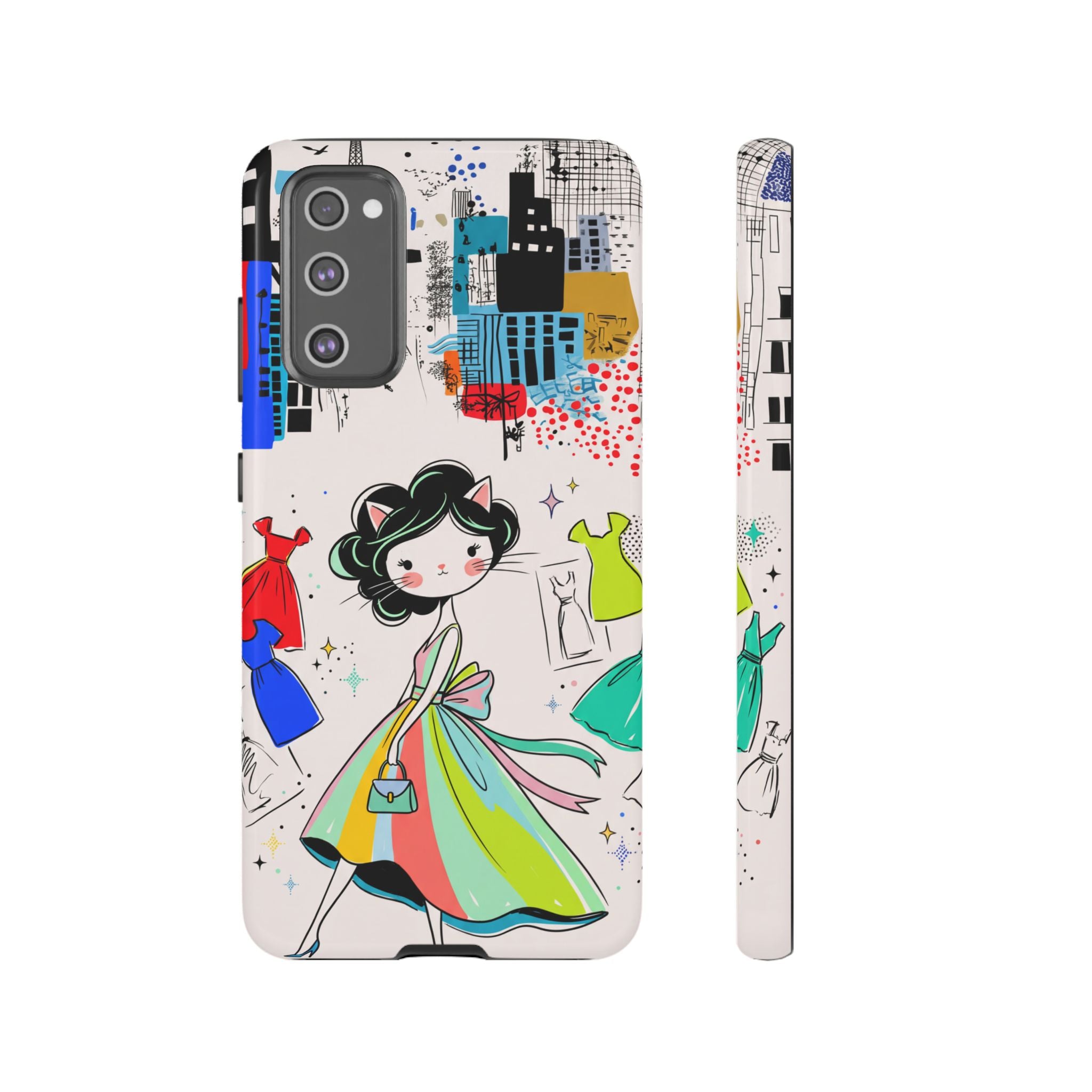 Retro Fashion Cat Girl Samsung Galaxy Phone Case | Cute Dress & City Print