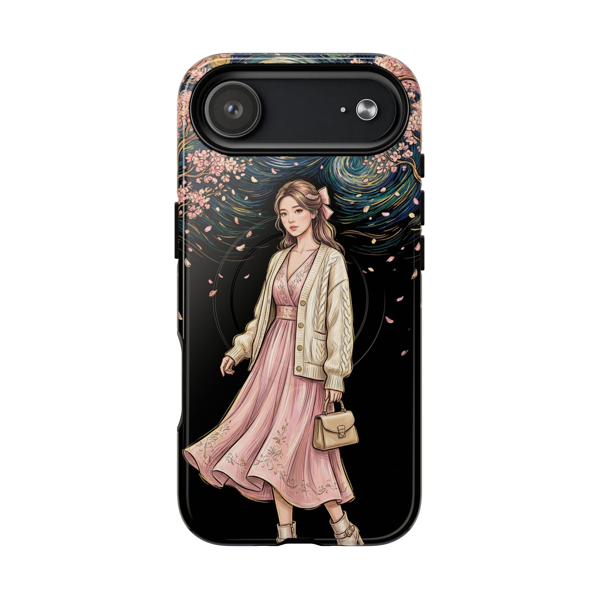 Floral Starry Night MagSafe iPhone Case | Elegant Girl in Pink Dress
