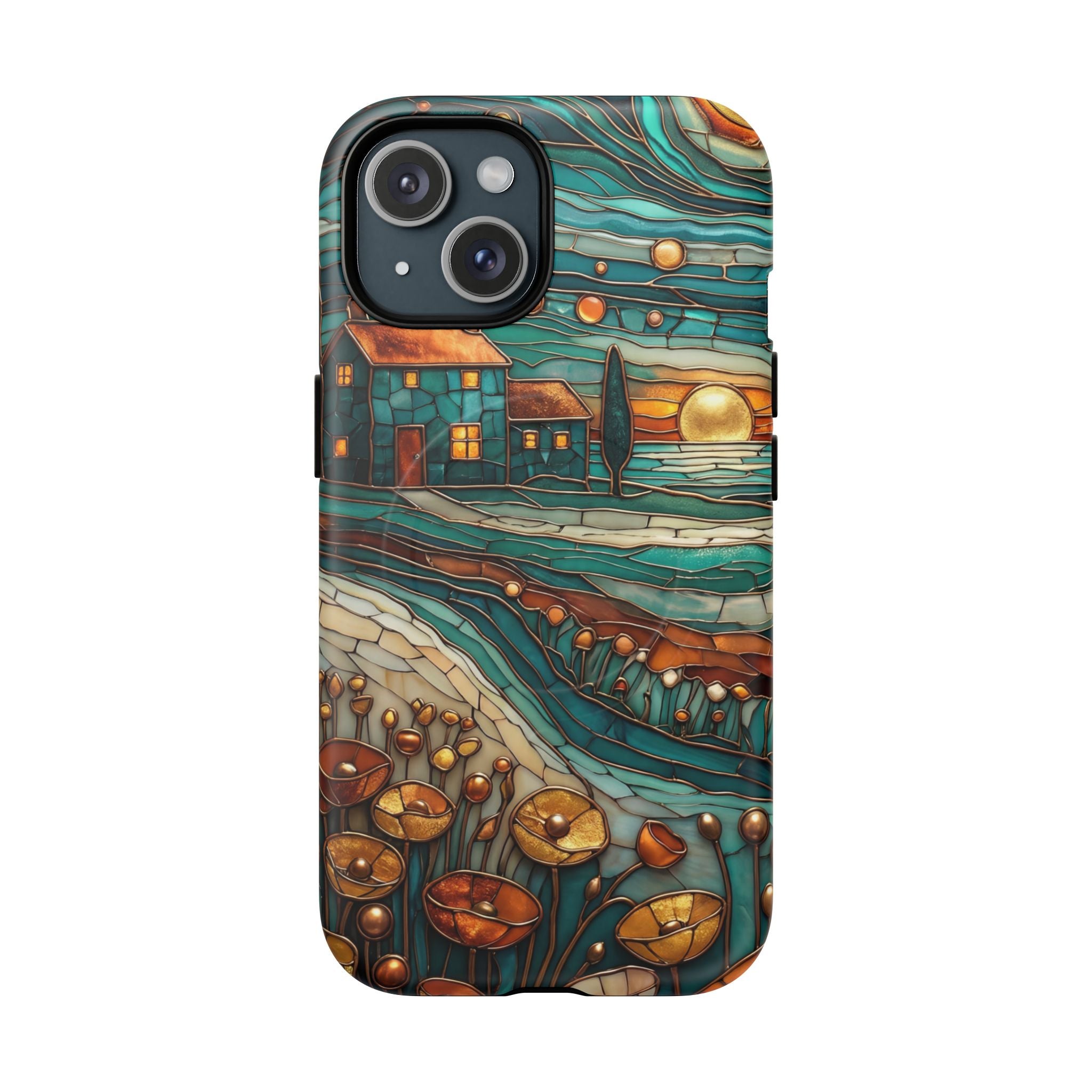 Custodia per telefono MagSafe resistente con paesaggio rustico al tramonto | Custodia protettiva artistica color verde acqua e rame