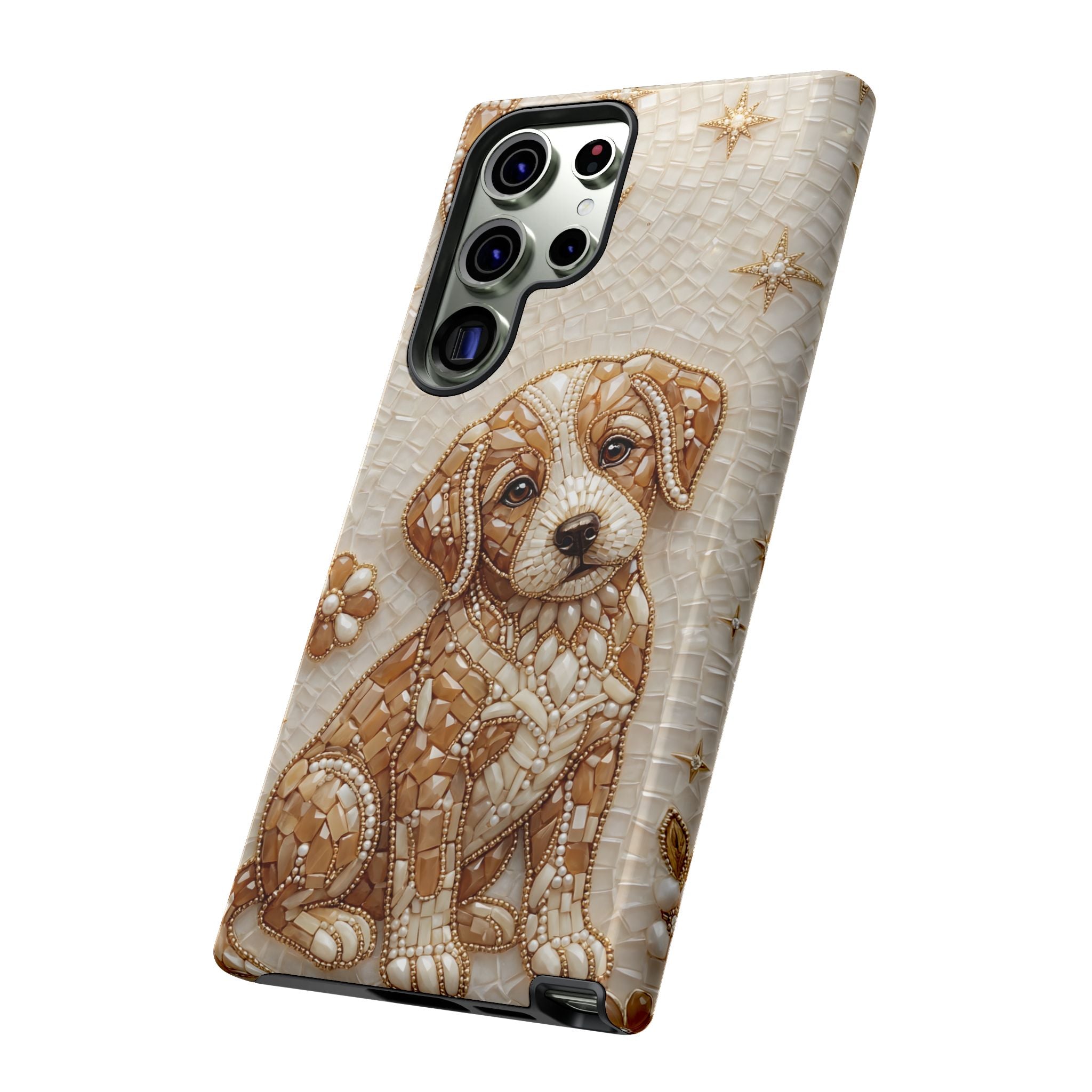 Cute Mosaic Puppy Samsung Galaxy Phone Case — Protective Phone Cover with Brown Puppy Art