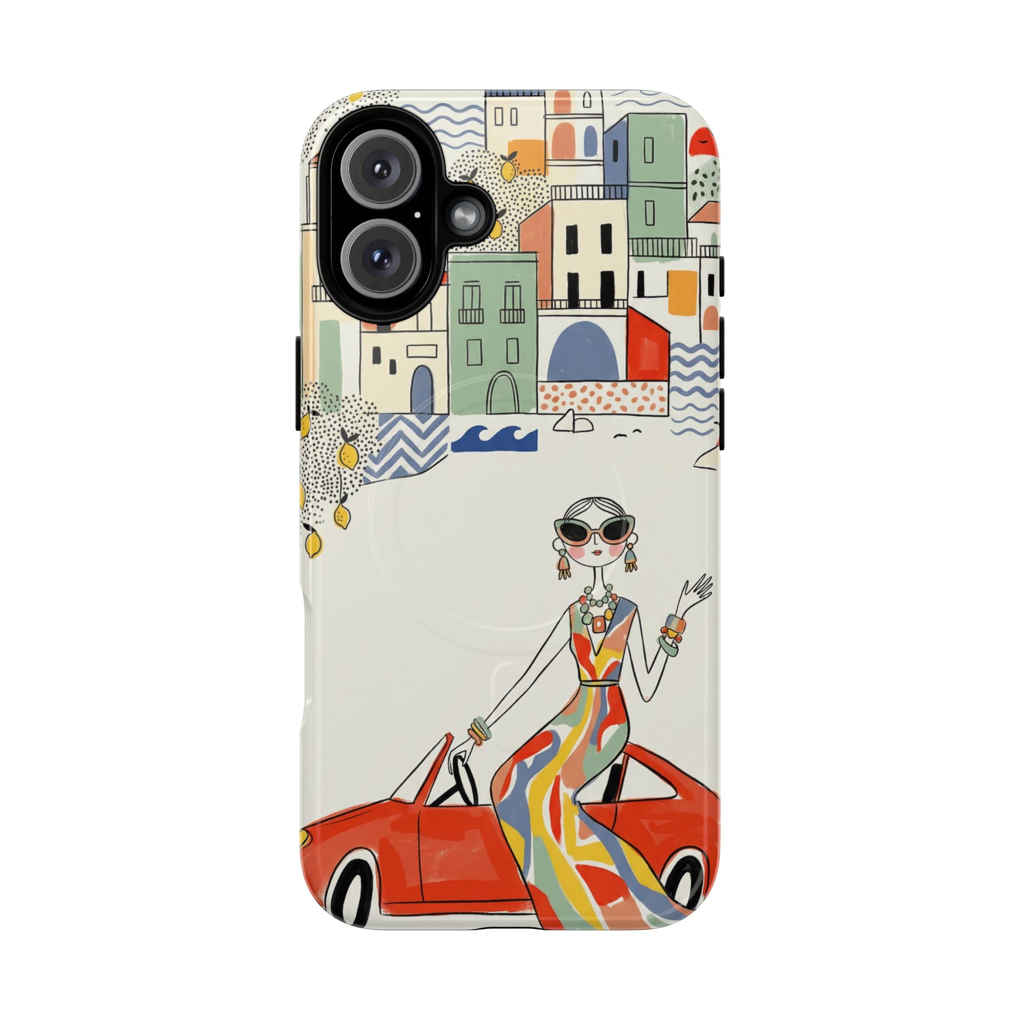 Stylish Riviera MagSafe iPhone Case | Chic Retro Woman in Convertible Design