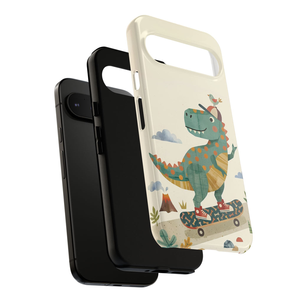 Cute Skateboarding Dinosaur Tough Google Pixel Phone Case | Vintage Kid Aesthetic T Rex Cover