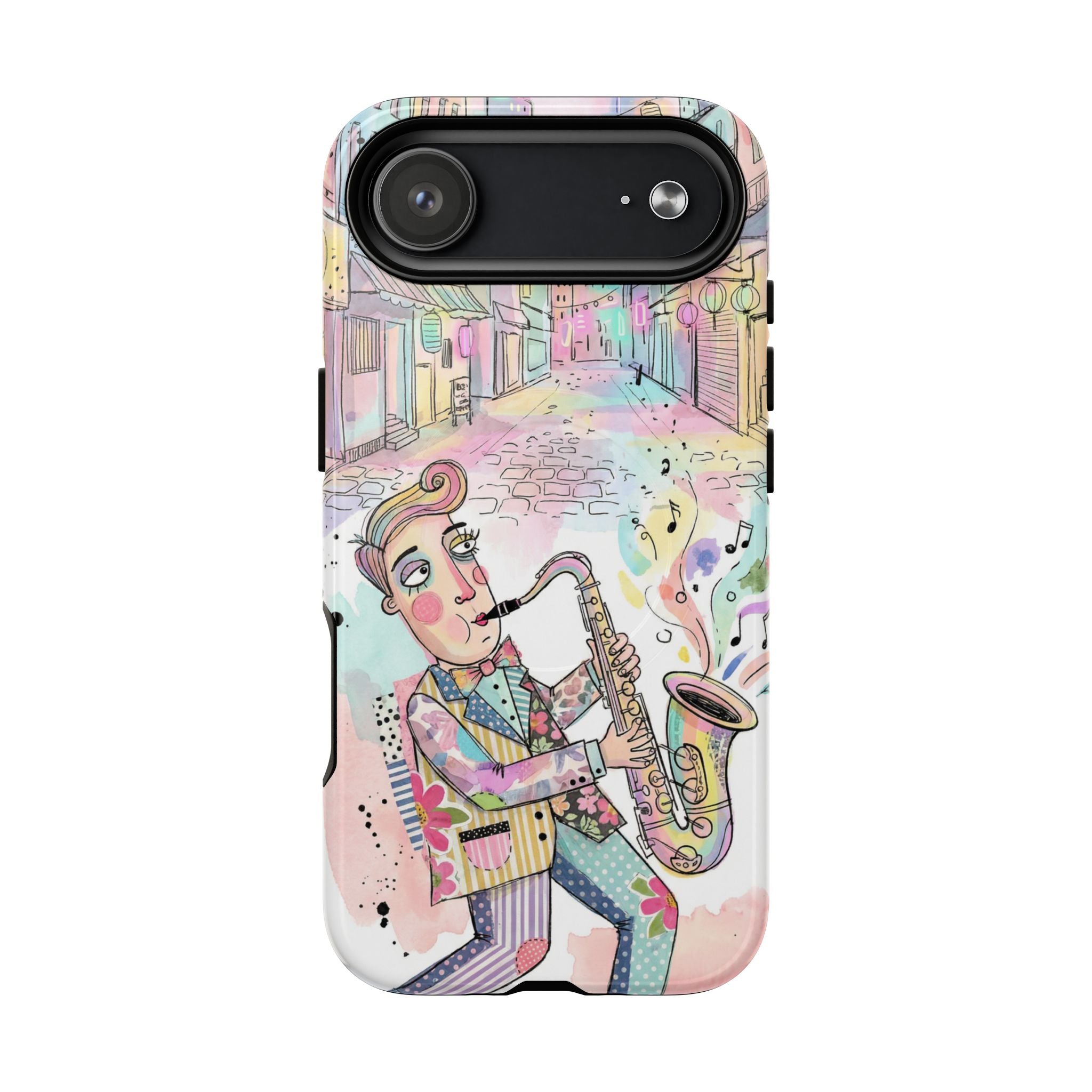 Sax Player Art MagSafe iPhone Case | Pastel Jazz Street Illustration
