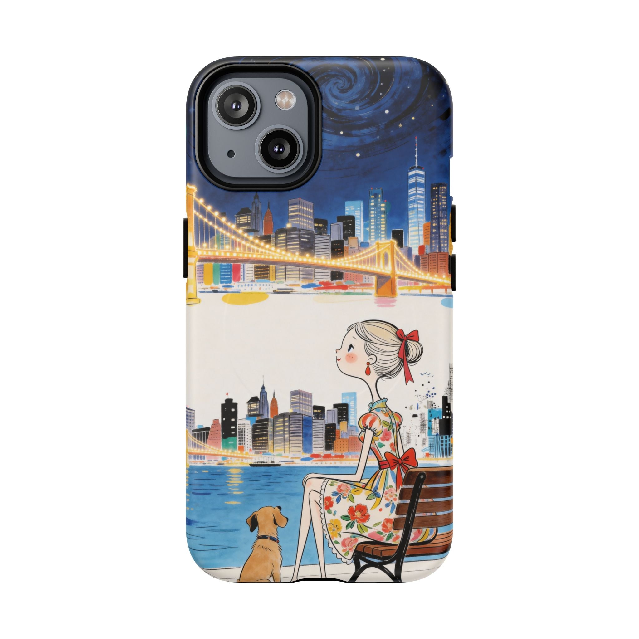 City Night MagSafe iPhone Case | Cute Girl & Dog Bench Illustration