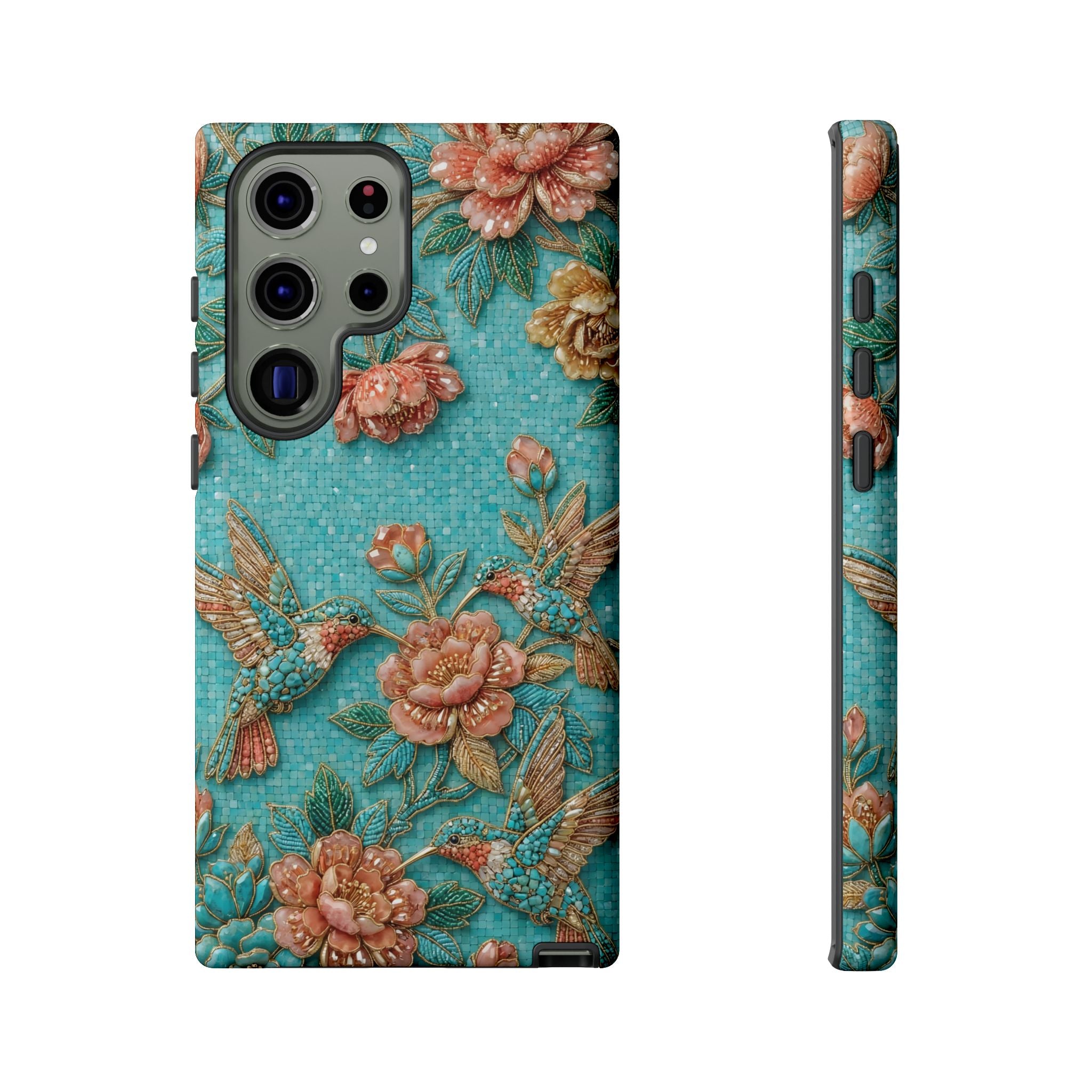Floral Hummingbird Tough Samsung Galaxy Phone Case | Turquoise Embroidered Garden Design