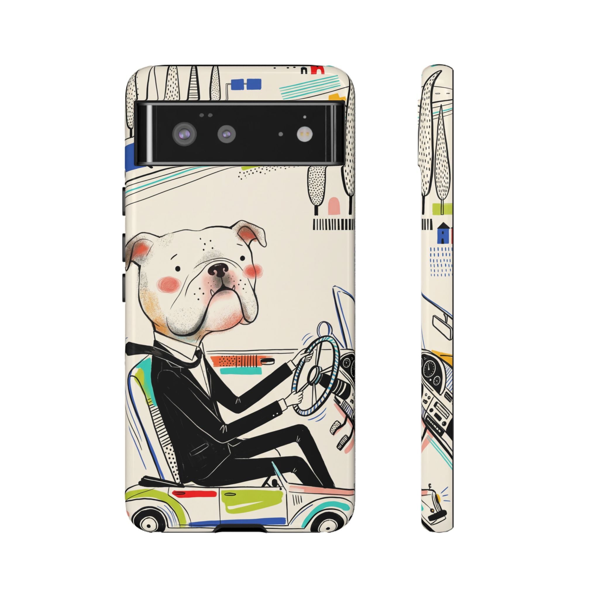 Bulldog Driver Google Pixel Phone Case | Cute Retro Dog Illustration