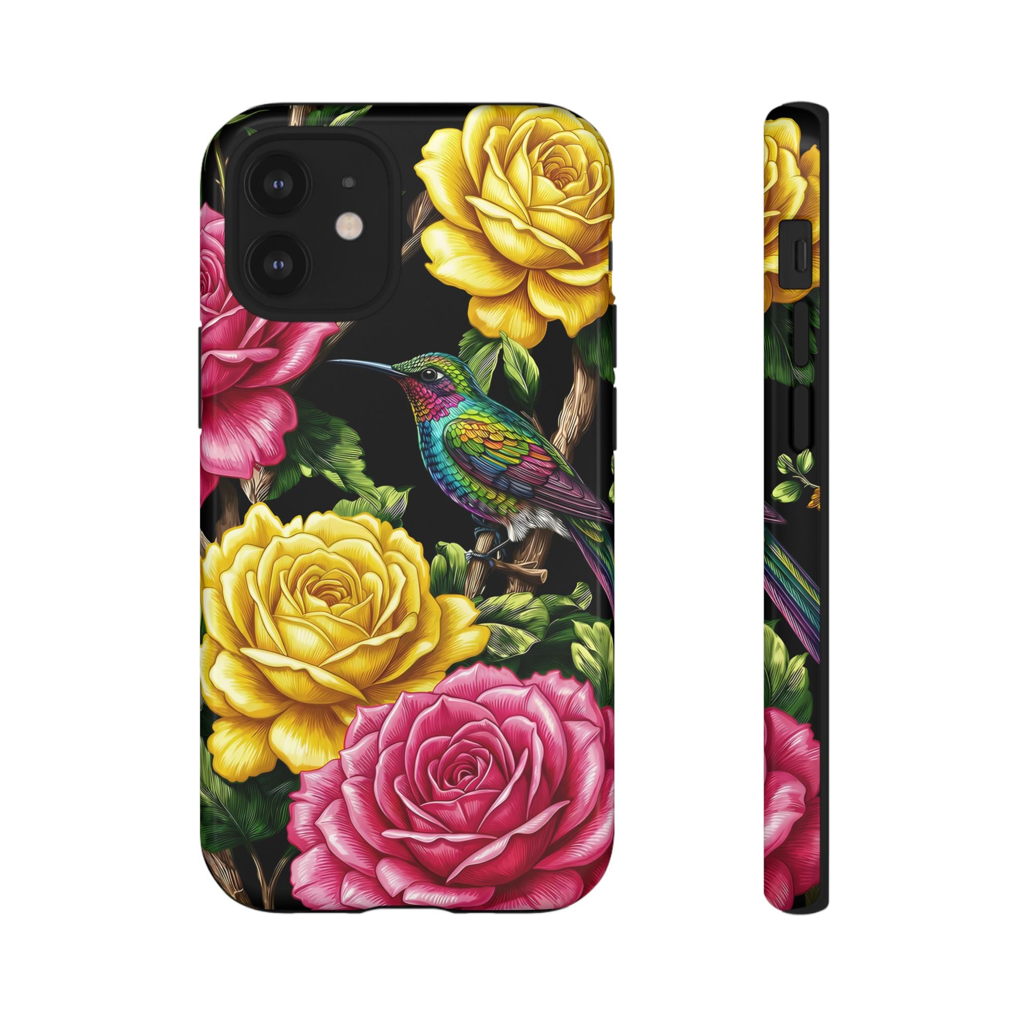 Floral Hummingbird Tough iPhone Case | Vibrant Rose & Yellow Garden Protection