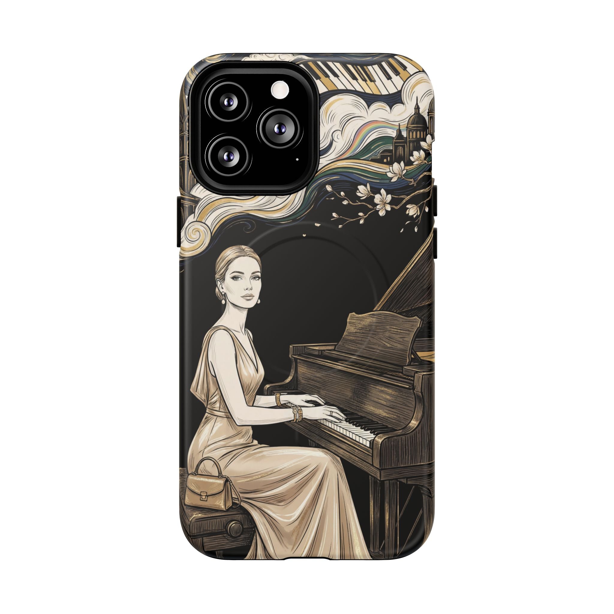 Elegant Piano Woman MagSafe iPhone Case | Vintage Art Deco Music Design