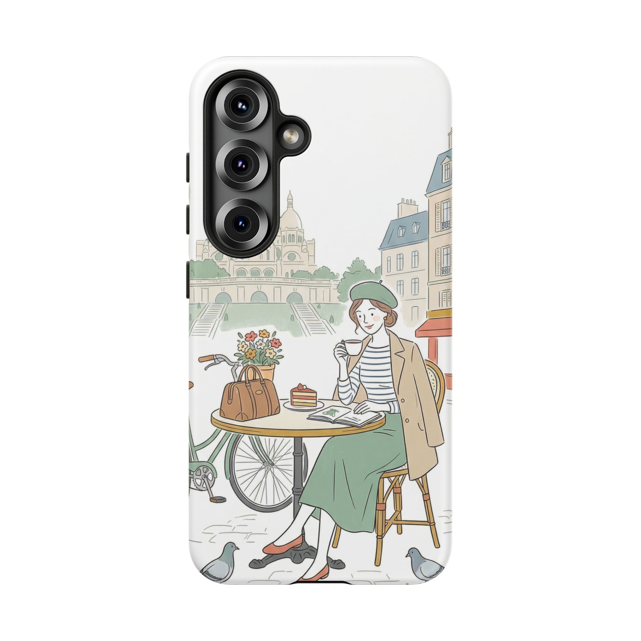 Paris Cafe Illustration Samsung Galaxy Phone Case | Vintage Bicycles & Pigeons Protective Cover